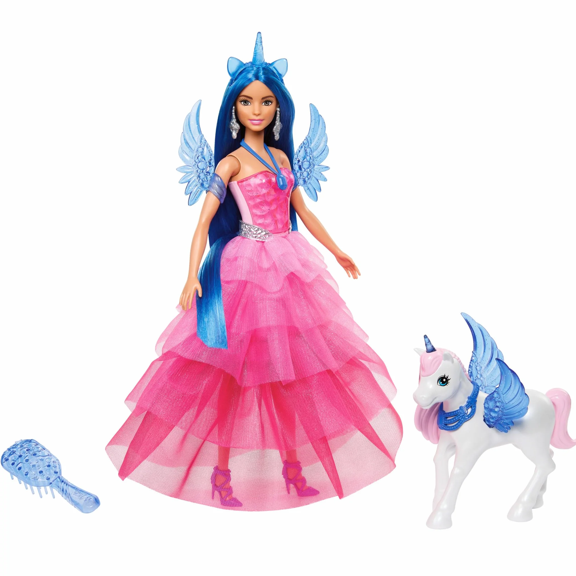 Barbie - Barbie Unicorno, bambola celebrativa del 65° anniversario con abito rosa e capelli blu, cucciolo di liocorno, ali di zaffiro e accessori inclusi, giocattolo per bambini, 3+ anni, HRR16
