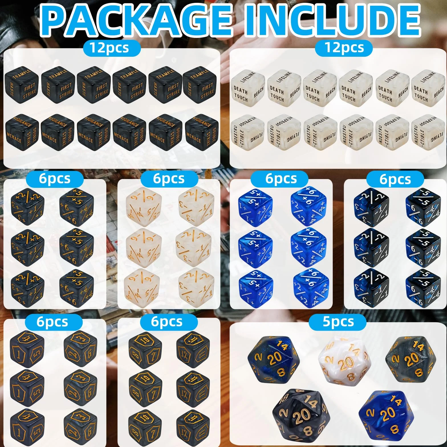 65 PCS MTG Contatori di Dadi - Contatore di Parole Abilità, -1/+1 Life Counter, Shield Life Counter Dice, Marble Colour D6 Dice Dice, per MTG, TCG, Giochi di Carte (sacchetto nero incluso)