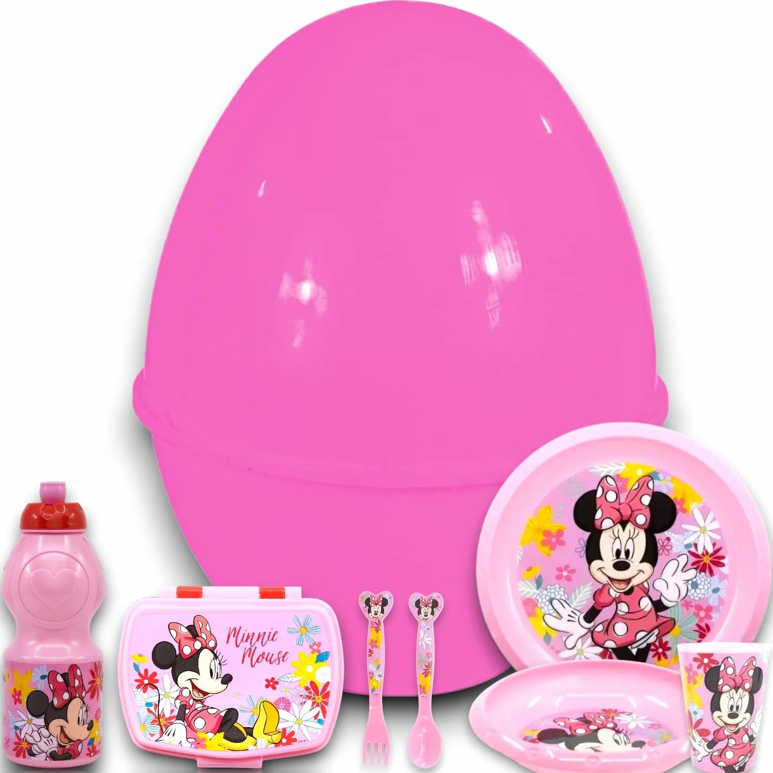 KORAT Uovo di Pasqua Sorpresa Gigante Bambina h. 40cm PASQUALONE Sorpresone Set stoviglie e Posate per Bambini Porta Pranzo infrangibile Resistente Kit Pappa Piatti Rosa (Per Minnie)