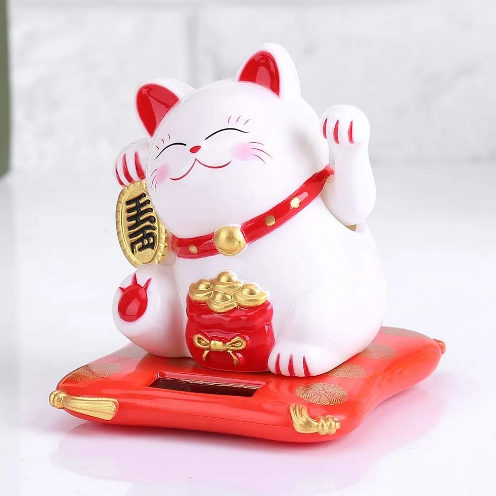 Nikou Maneki Neko Fortune Cat Solare Gatto Ricchezza Braccio Ondeggiante Bianca