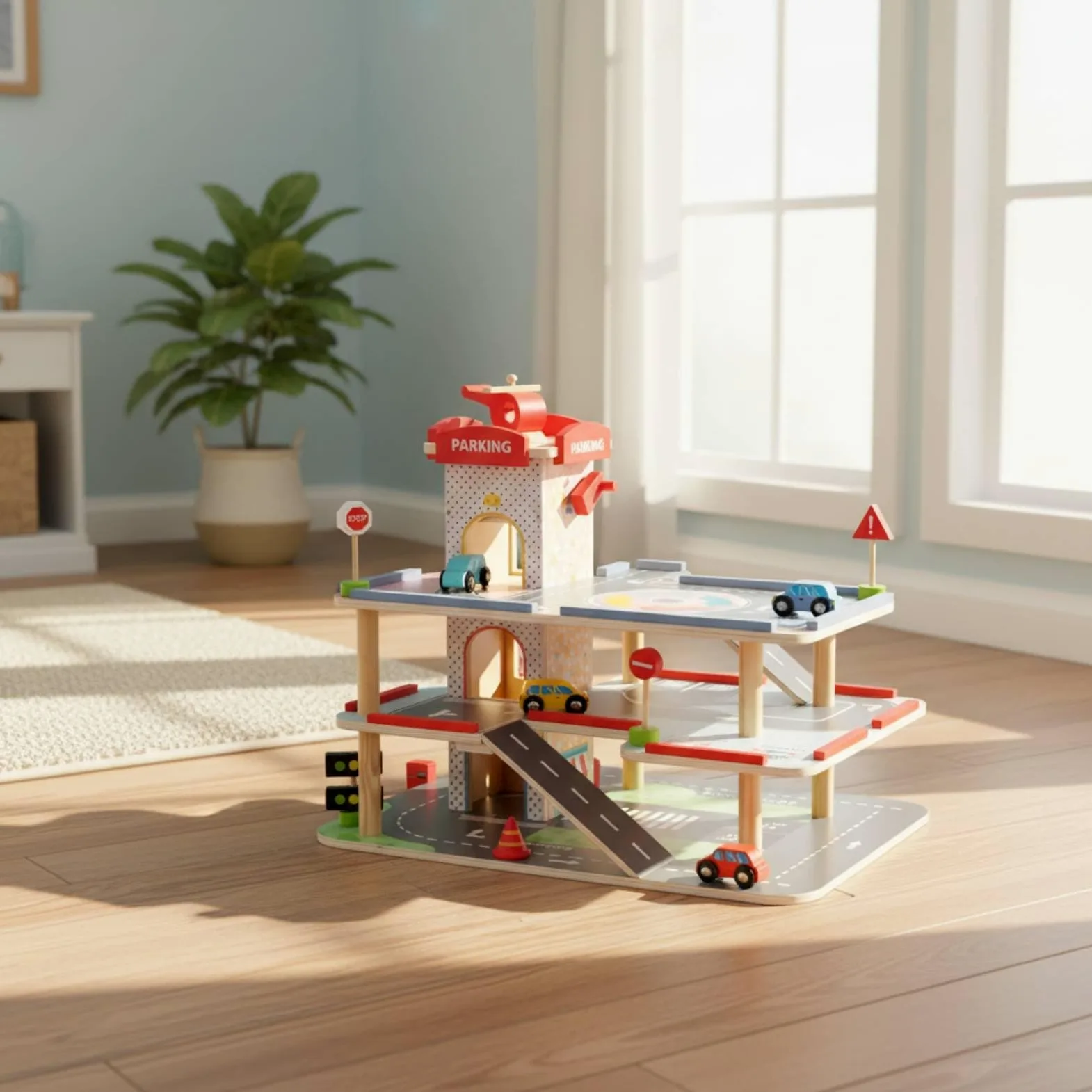 Parcheggio Giocattolo Bambini Garage Veicoli Legno Accessori Rampa Tridimensionale Helicopter Adatto per Gioco di Fantasia Sviluppo delle Abilità Manuali Regalo Arredamento Casa