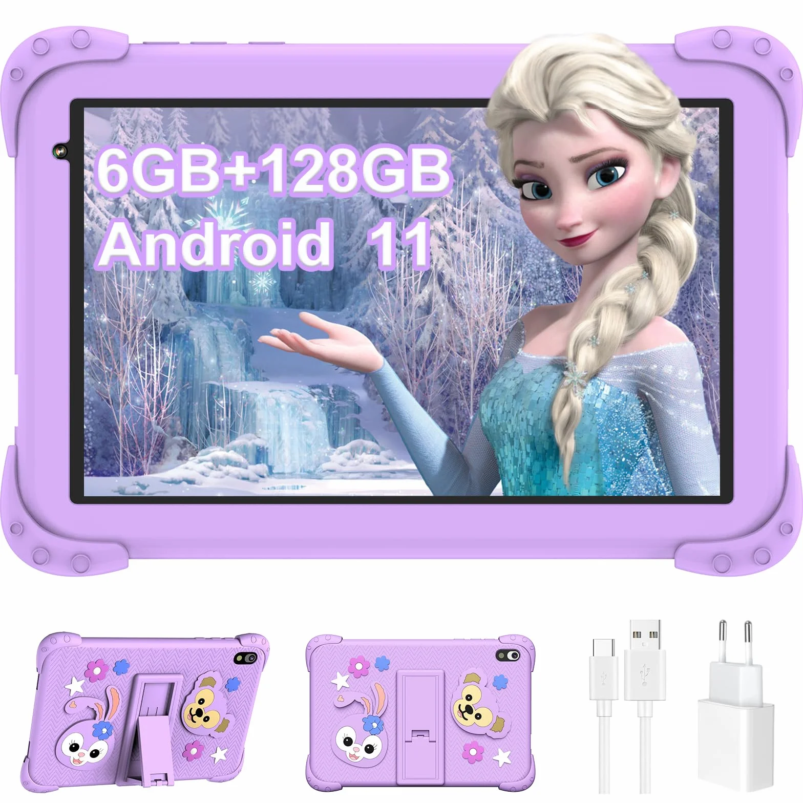 Tablet Bambini,8 Pollici Android 11,6GB RAM 128GB Rom per Bambini 3 a 6 8 10 Anni,Controllo Parental Doppia Fotocamera,WiFi Bluetooth,Educativo Kids Tablet con Custodia,Viola