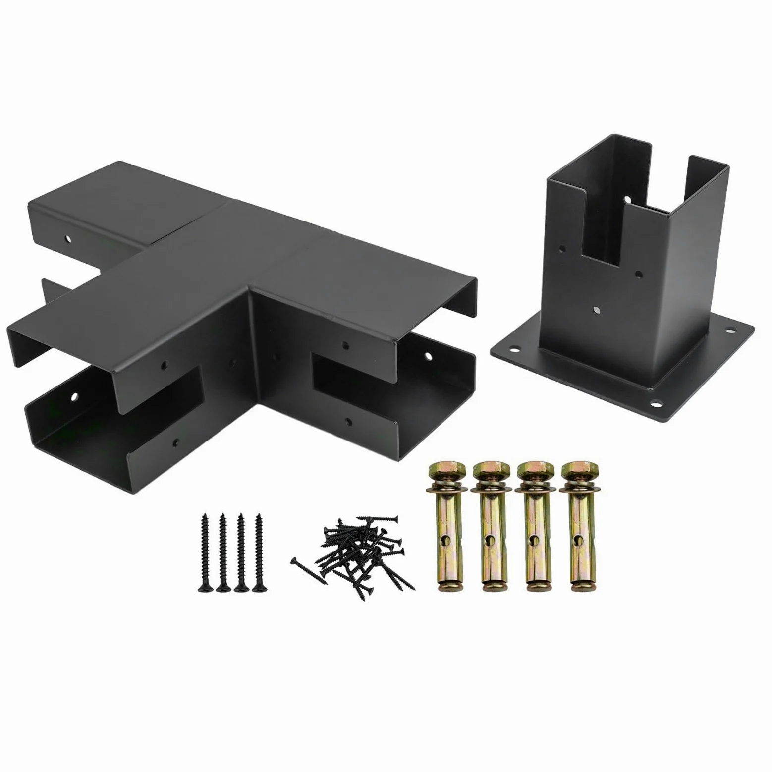 Staffa a T in acciaio resistente per pergola in legno (1 set) | Acciaio rivestito nero, adatto per legname secco 4x4, dritto e staffe a T, include viti, costruzione