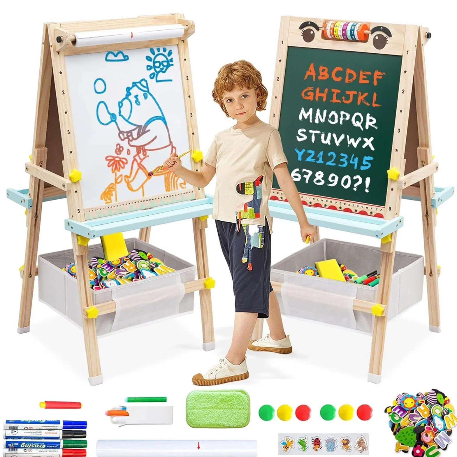 Lavagna per Bambini a Doppia Faccia Magnetica con Rotolo di Carta Giocattolo Educativo 3+ Anni Legno