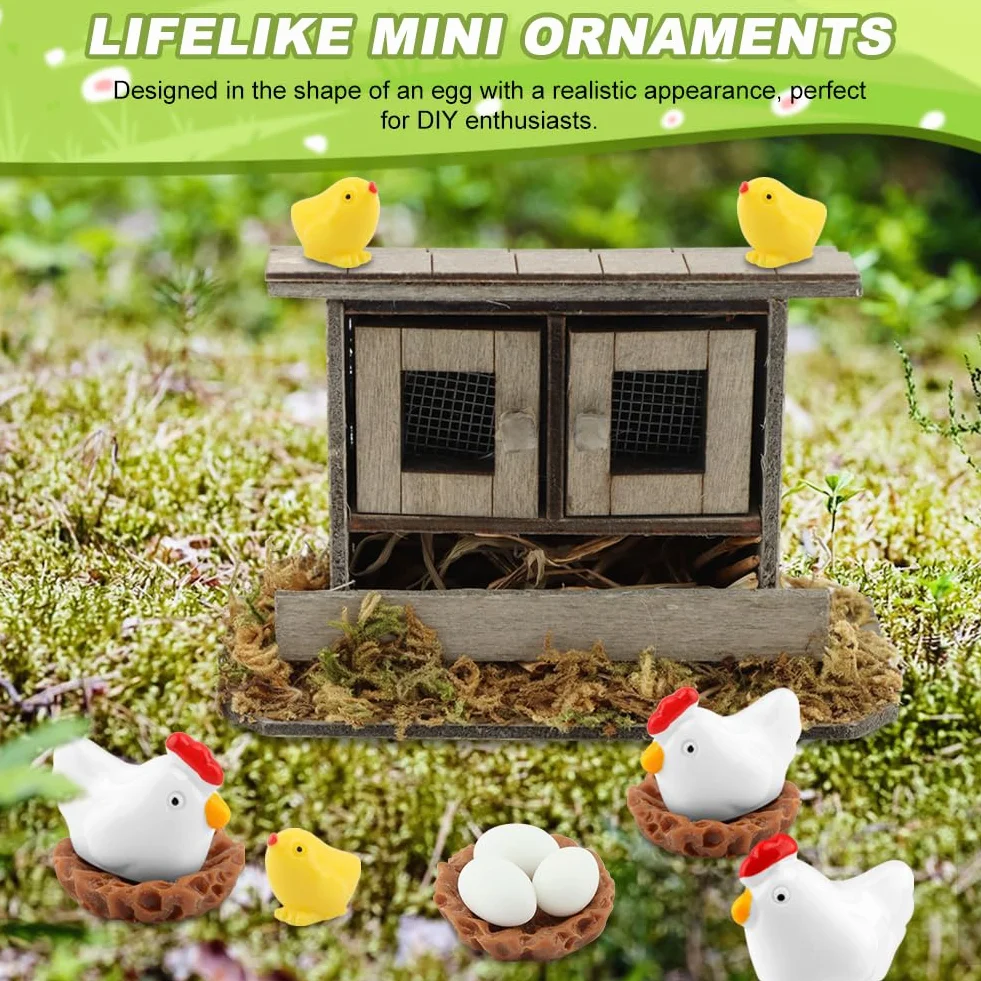 Set di pollai in miniatura, 13 pezzi, in legno, con galline, pulcini, uova e nidi, decorazione per giardini fatati, mini paesaggi fai da te e decorazioni per la casa