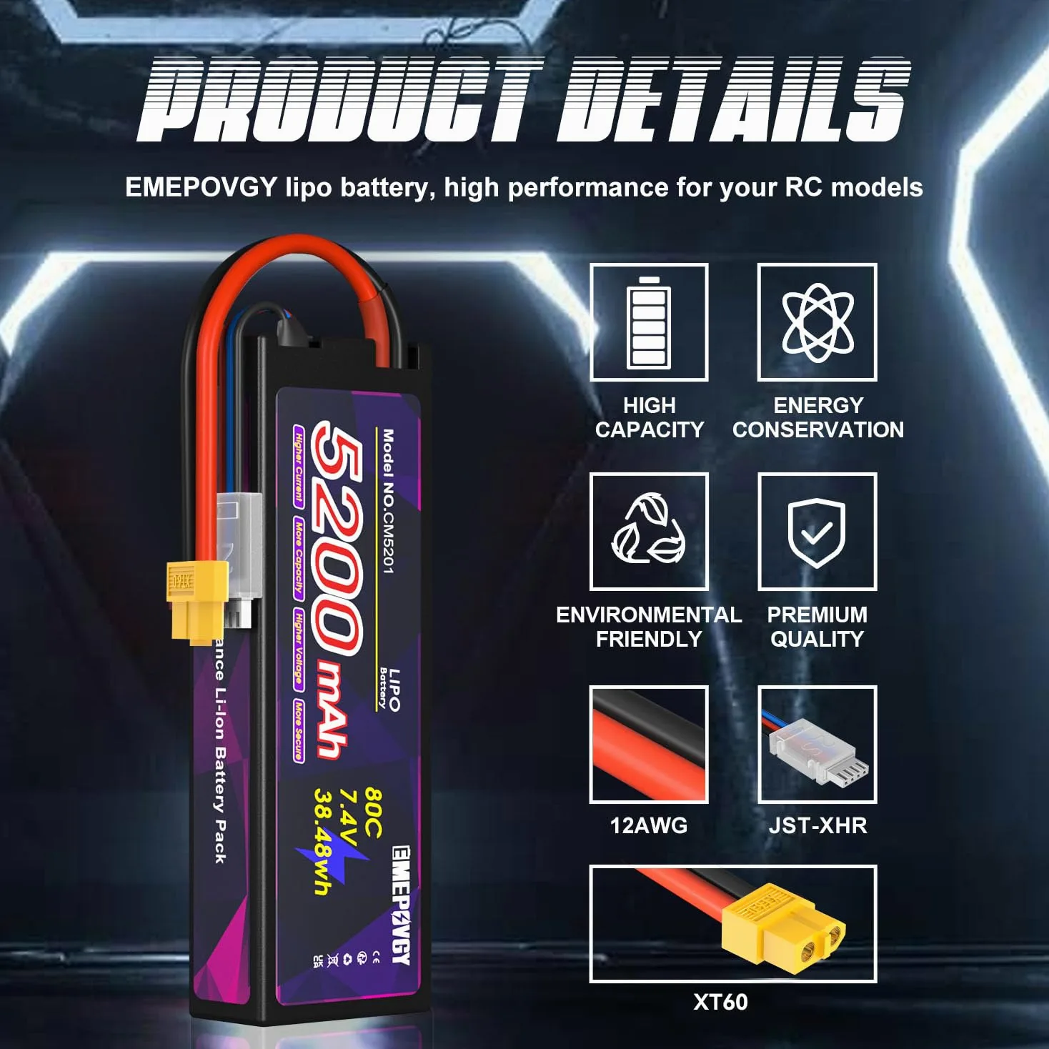 Batteria Lipo da 7,4 V 2S 5200 mAh 80C Lipos custodia rigida con connettore XT60 per auto RC camion 1/8 1/10 RC veicoli (2 confezioni)