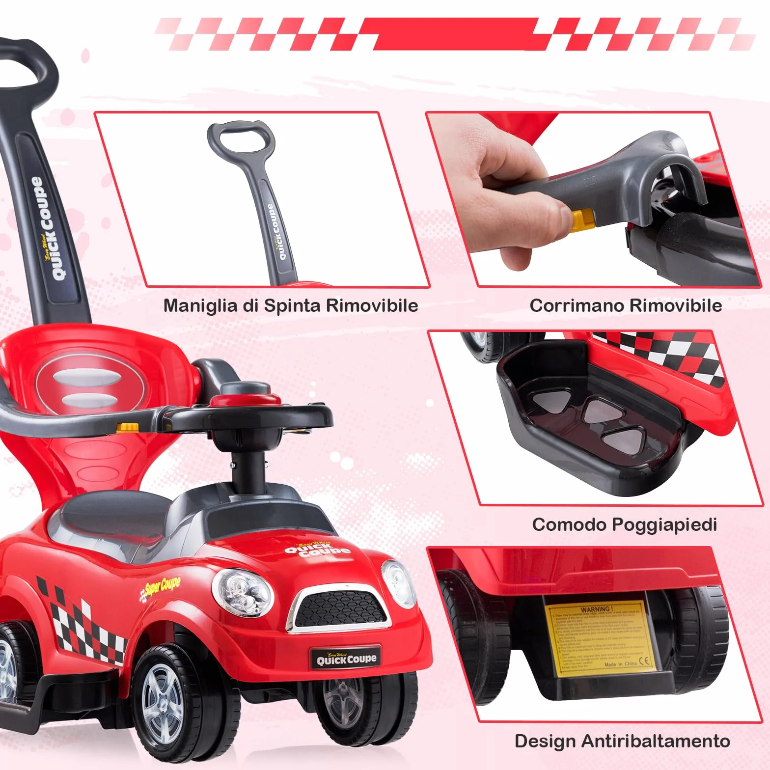 COSTWAY Macchina Cavalcabile a Spinta 3 in 1 per Bambini, con Guardrail Staccabili e Clacson, Design Anti-ribaltamento, Rosso