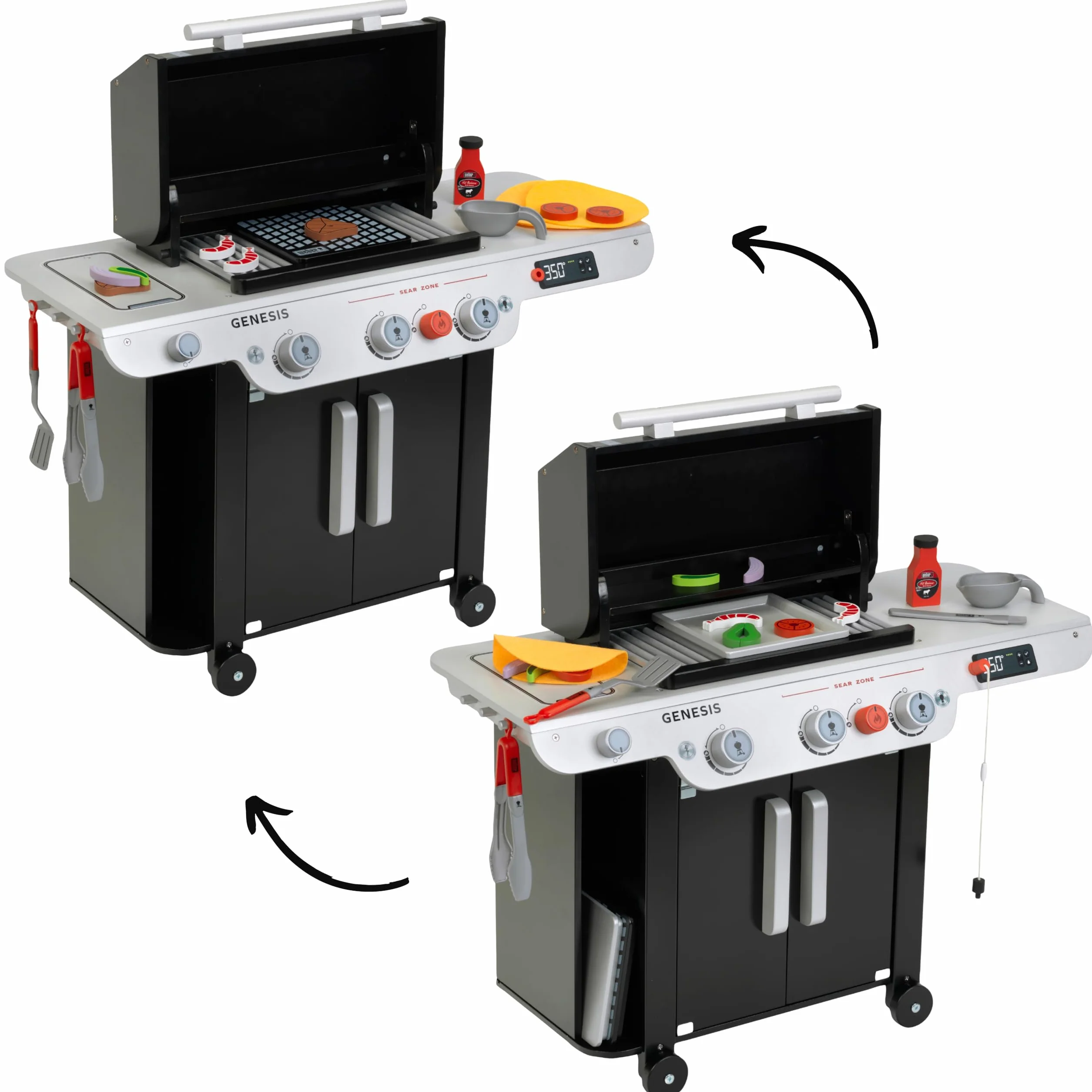 Theo Klein 9445 Weber Barbecue Genesis in legno I Inclusi inserti per bistecca, pizza o verdure I Con manici, utensili e posate da barbecue I Giocattolo per bambini dai 3 anni in su
