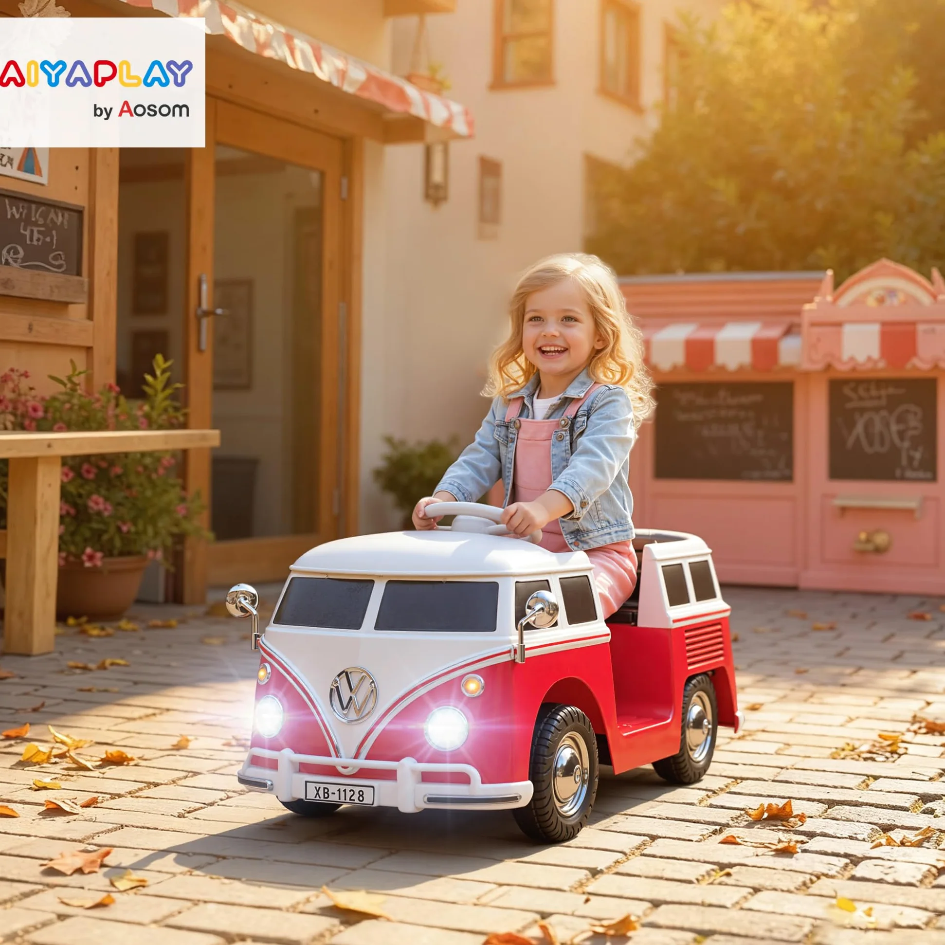 AIYAPLAY Macchina Elettrica per Bambini 3-7 Anni Volkswagen T1, 12V, Rosso | 3-8km/h, Auto Elettrica per Bambini con 2 Motori, Sospensioni, Partenza Lento, Musica, Fari e Clacson