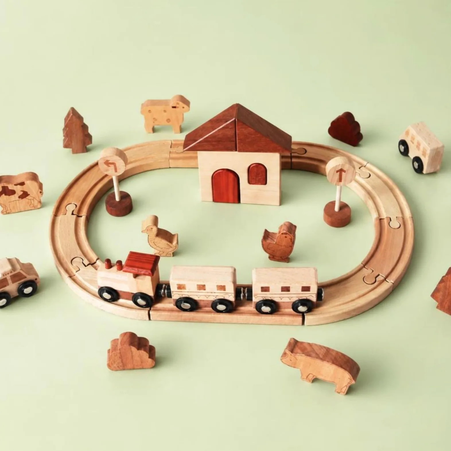 kowaku Set Ferroviario Legno Colori Rosso Marrone e Beige Pezzi Ad Incastro Trenino Giocattolo in Legno per Bambini