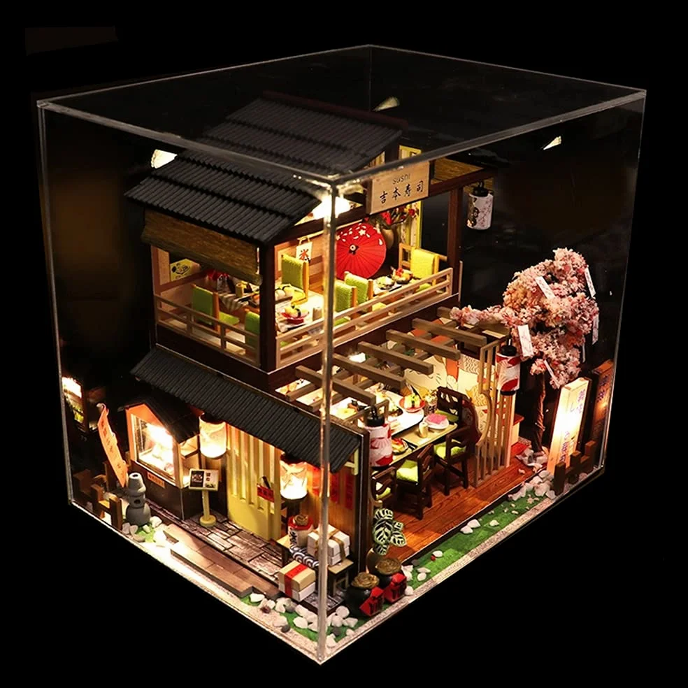 Kit fai da te in miniatura per casa delle bambole con scatola antipolvere e carillon, negozio di sushi giapponese, mobili per casa delle bambole 3D in legno, puzzle creativo, regalo di compleanno per