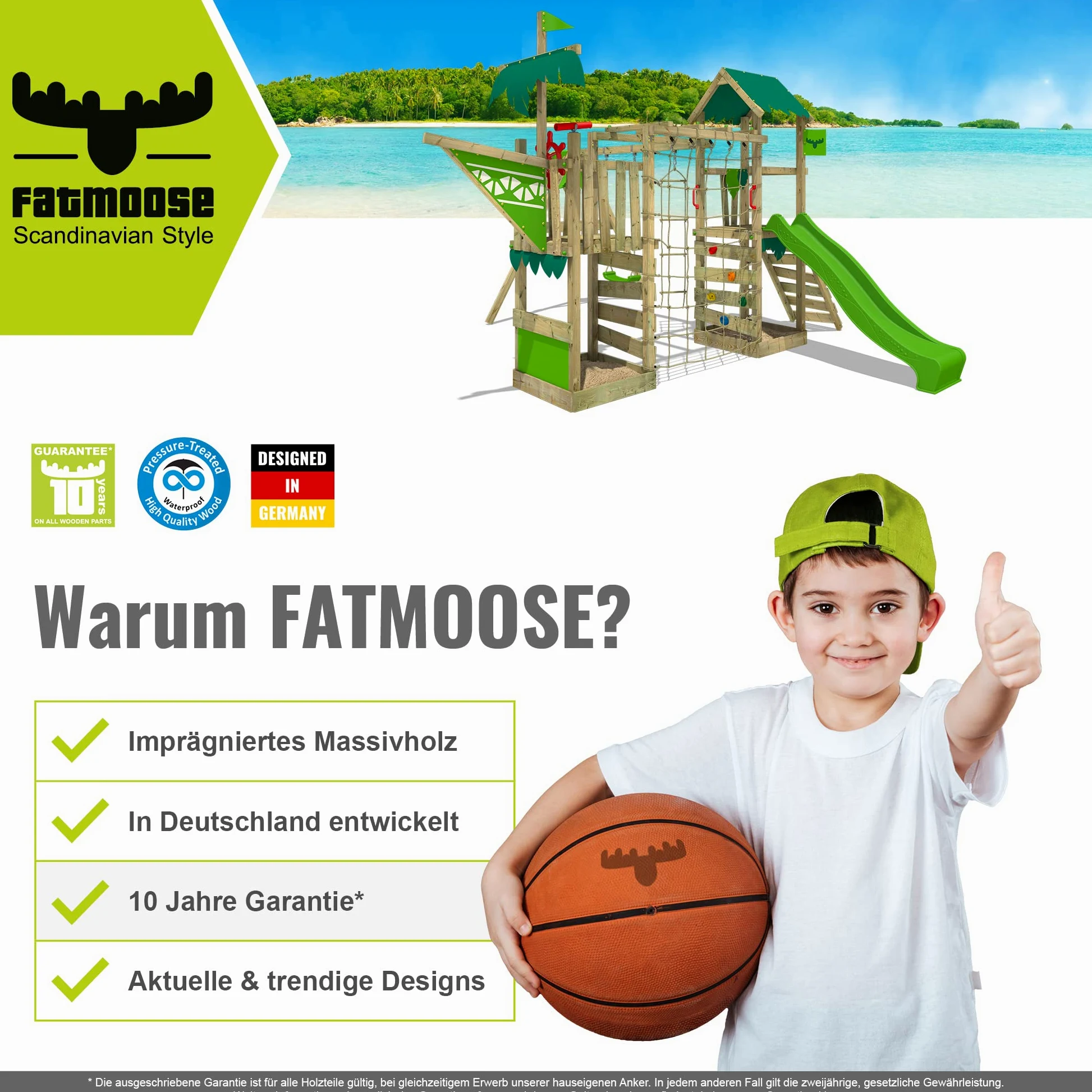 Altalena FATMOOSE JollyJungle per bambini verde mela in legno | Rete per l'arrampicata, Altalena doppia, Ampliamento per arrampicate, Da esterno o da giardino