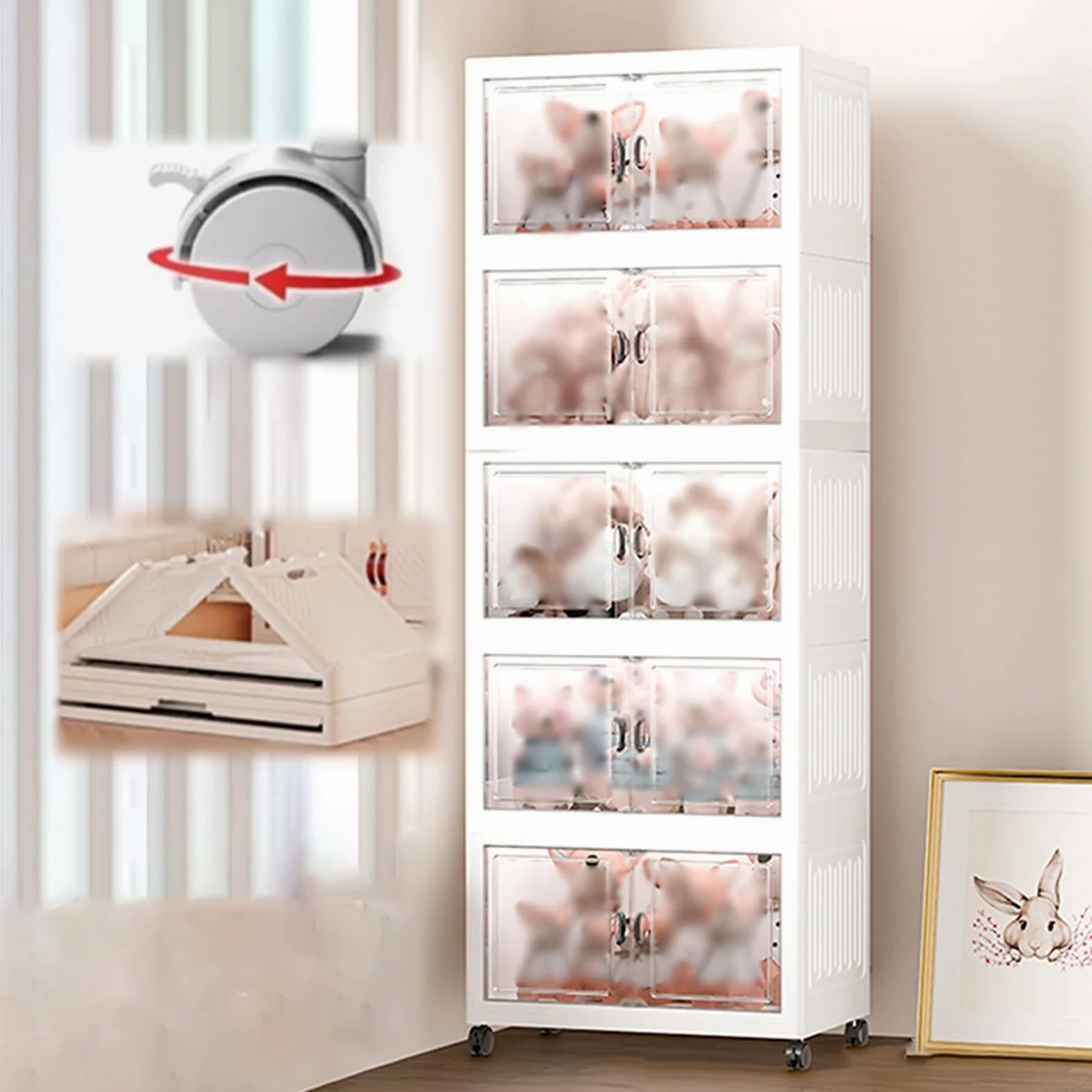 Teca Plexiglass Vetrina Pieghevole in Plastica con Ruote, Contenitore Impilabile con Doppia Anta e Coperchio, Vetrina in Acrilico Trasparente per Oggetti da Collezione(5-Layer)