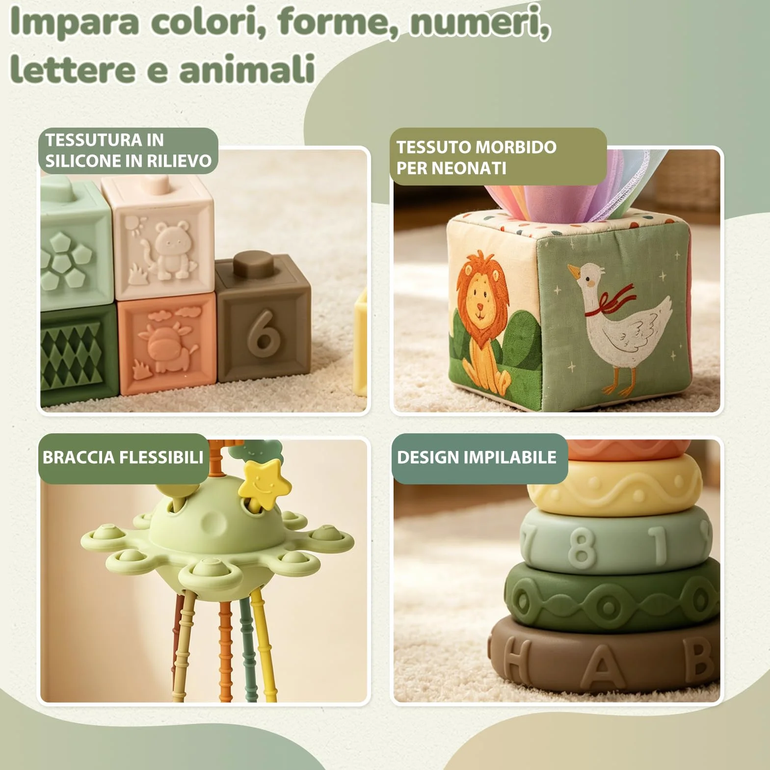 Giochi Montessori 6 Mesi 5 in 1 con Scatola Fazzoletti, Impilabili, Classificazione, Tirare Corda Regalo Bambino 8-12 Mesi