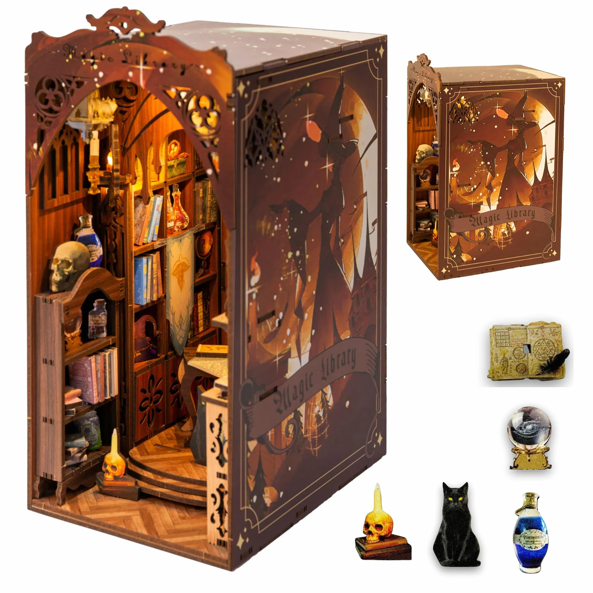Book nook angolo fai da te casa delle bambole, casa in miniatura per adulti puzzle in legno 3D e fermalibri set creativo per la decorazione della libreria con LED regalo Libreria magica
