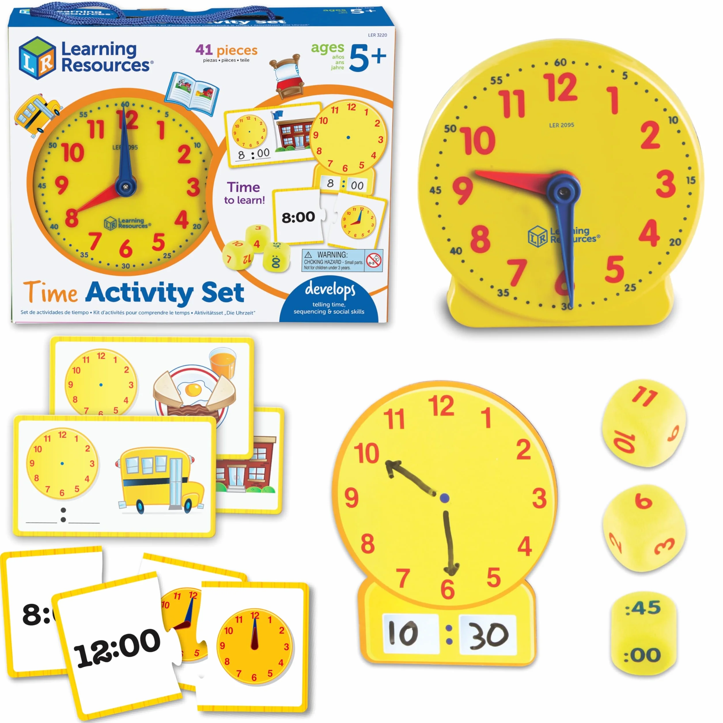 Learning Resources Set attività Sull’Ora – Gioco Educativo con 41 Pezzi per Bambini 5+, Impara a Leggere l’Orologio Analogico e Digitale con Carte e Orologi Didattici