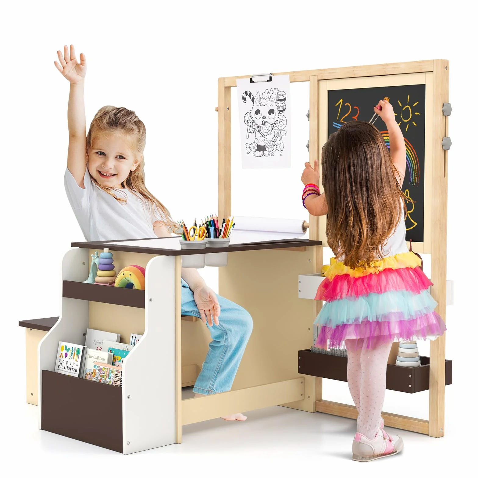 GYMAX Set di Cavalletto con Tavolo e Panca per Bambini, Scrivania Multifunzionale in Legno con Lavagna Bifacciale (Caffè)