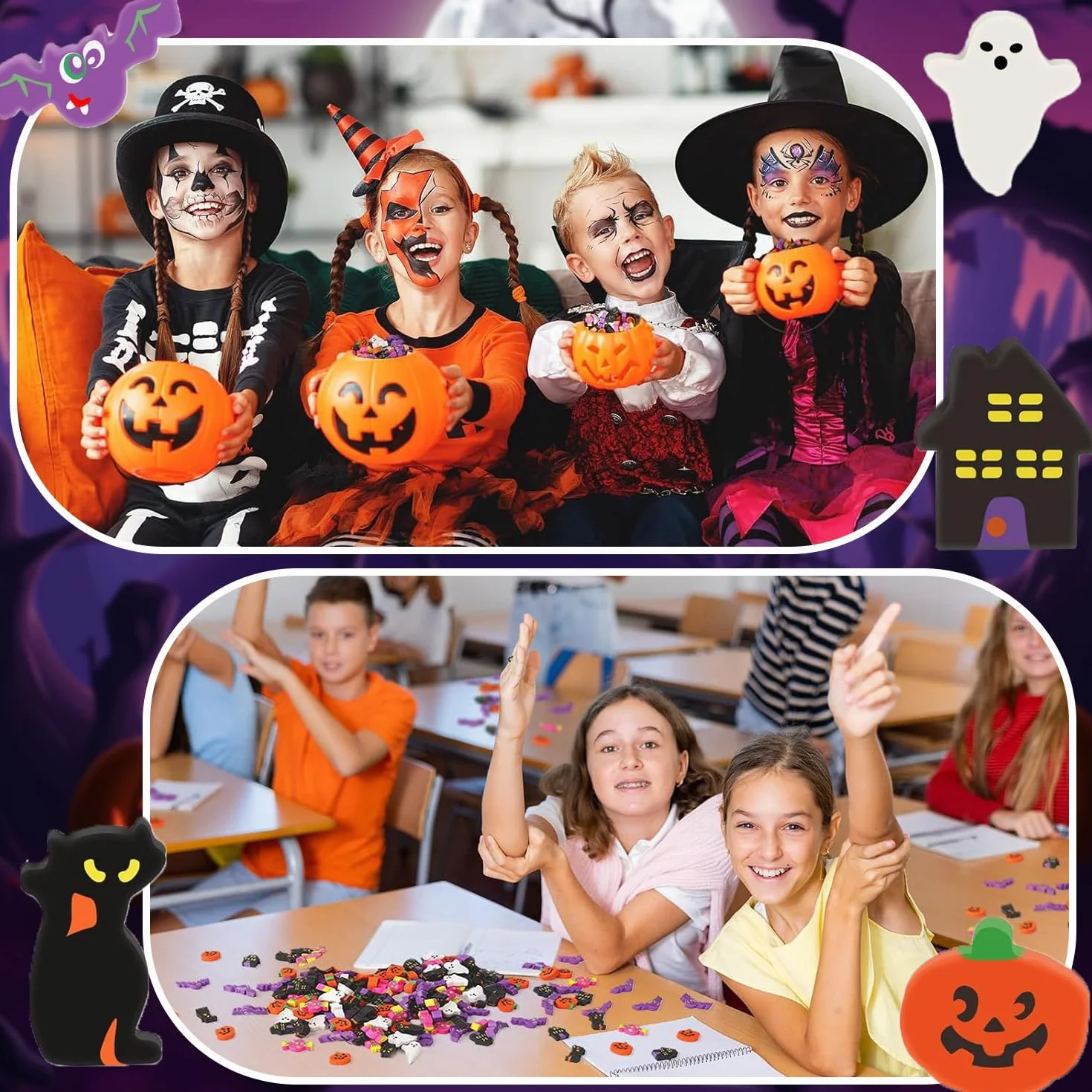 Mini gomme da cancellare di Halloween per bambini, a forma di zucca, dolcetto o scherzetto per feste di Halloween, mini premi decorativi per la scuola, 100 pezzi
