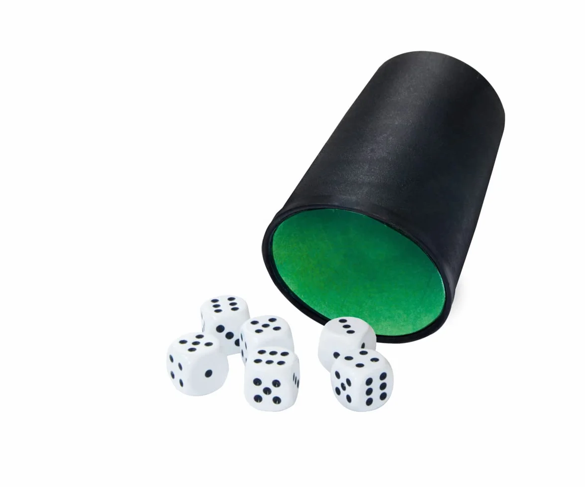 Noris Tazza cubo con 6 cubi – Accessori da gioco classici per bambini e adulti – Tazza e dadi in plastica – Adatto per giochi di dadi, giochi da tavolo, feste e serate di gioco