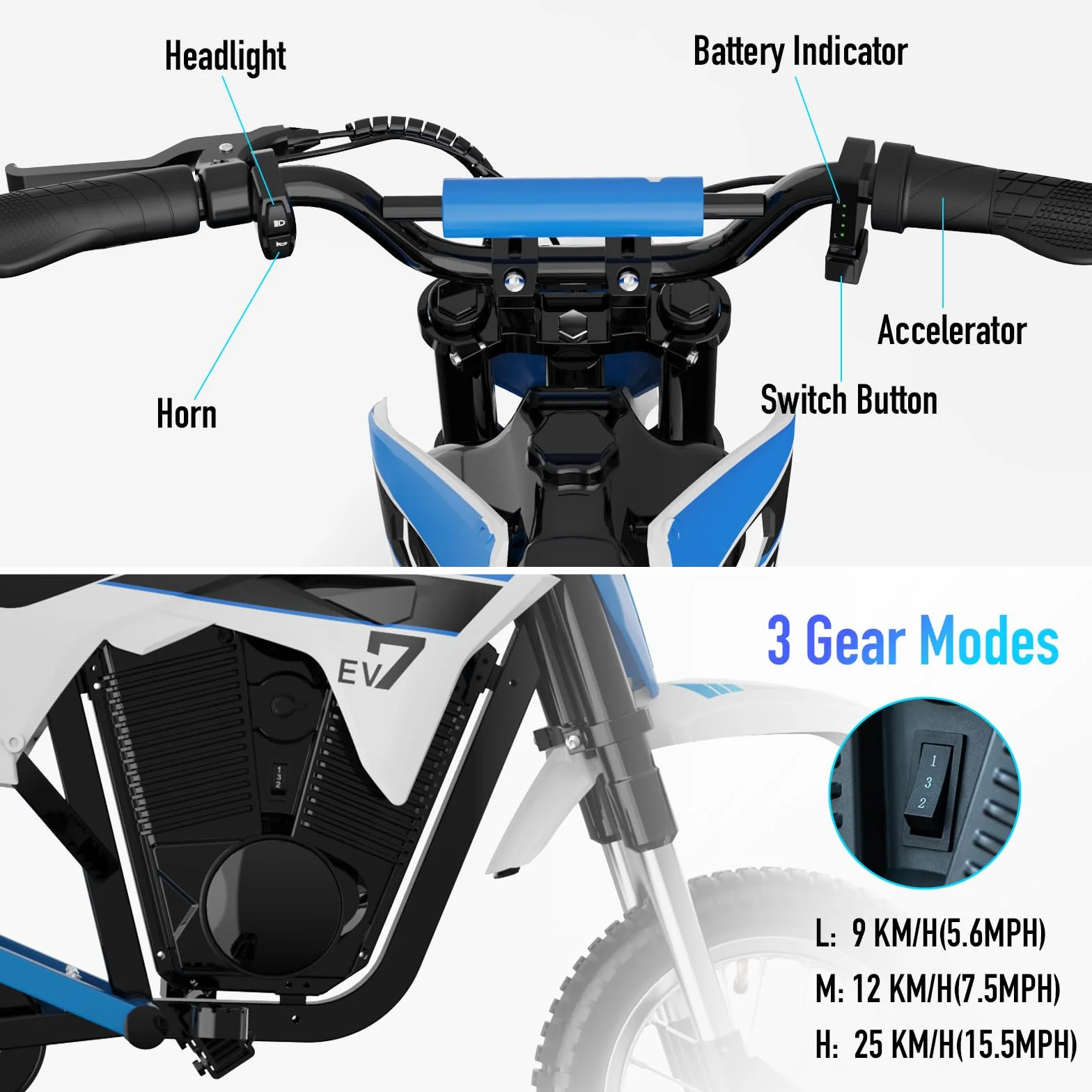 EVERCROSS EV12M PRO Motocicletta Elettrica, Moto Elettrica con Motore da 300W, 3 Modalità di Velocità, Pneumatico da 12'', Musica Bluetooth, Luci Colorate, Moto Cross per Bambini da 110cm di altezza