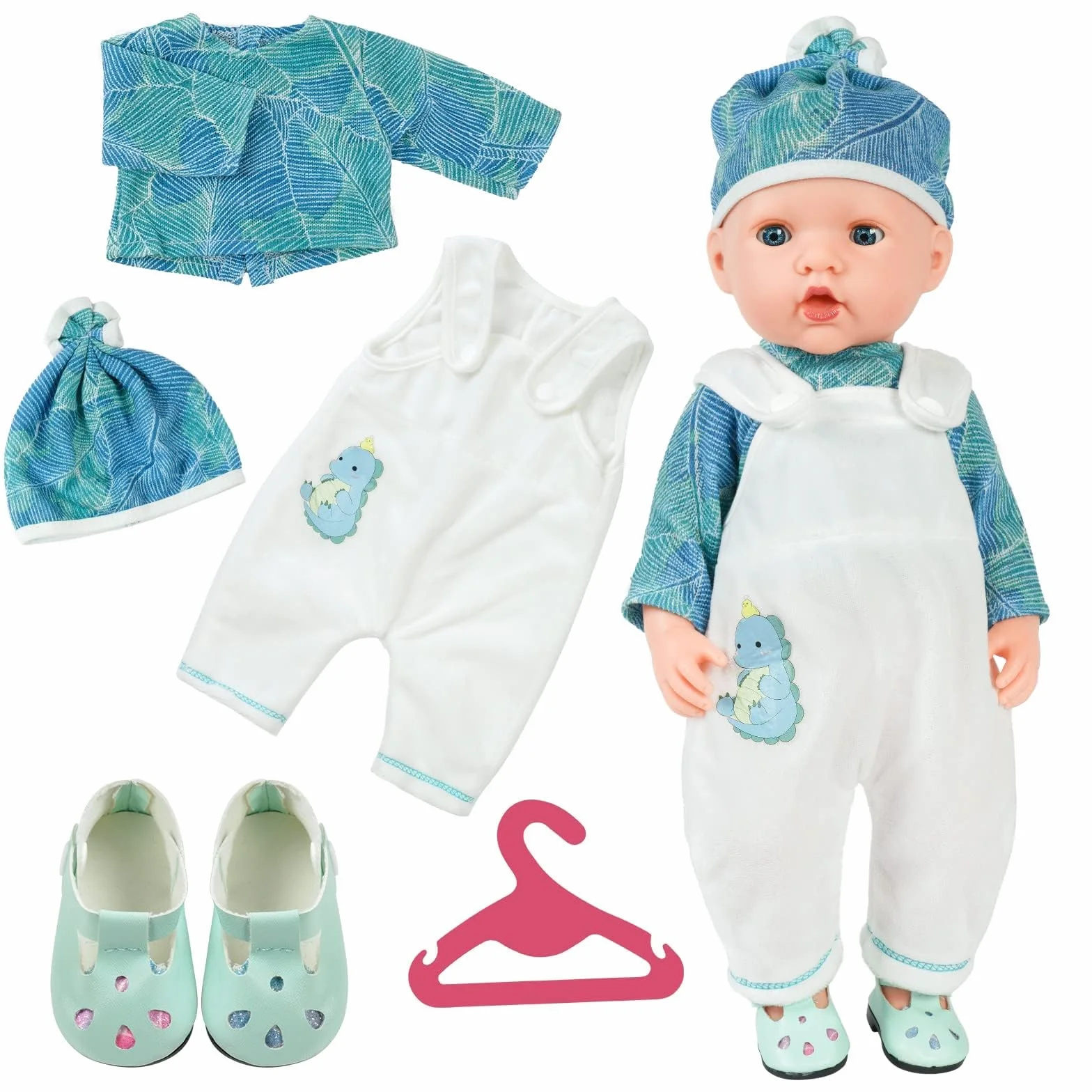 Aolso Vestiti per Bambole per New Born Baby Doll, Abito per Bambolotti 35-45CM, Tuta da Bambola Stampa con Cappello, con 1 paio di Scarpe e 1 Gruccia, Bianco e Verde (Bambola non Inclusa)