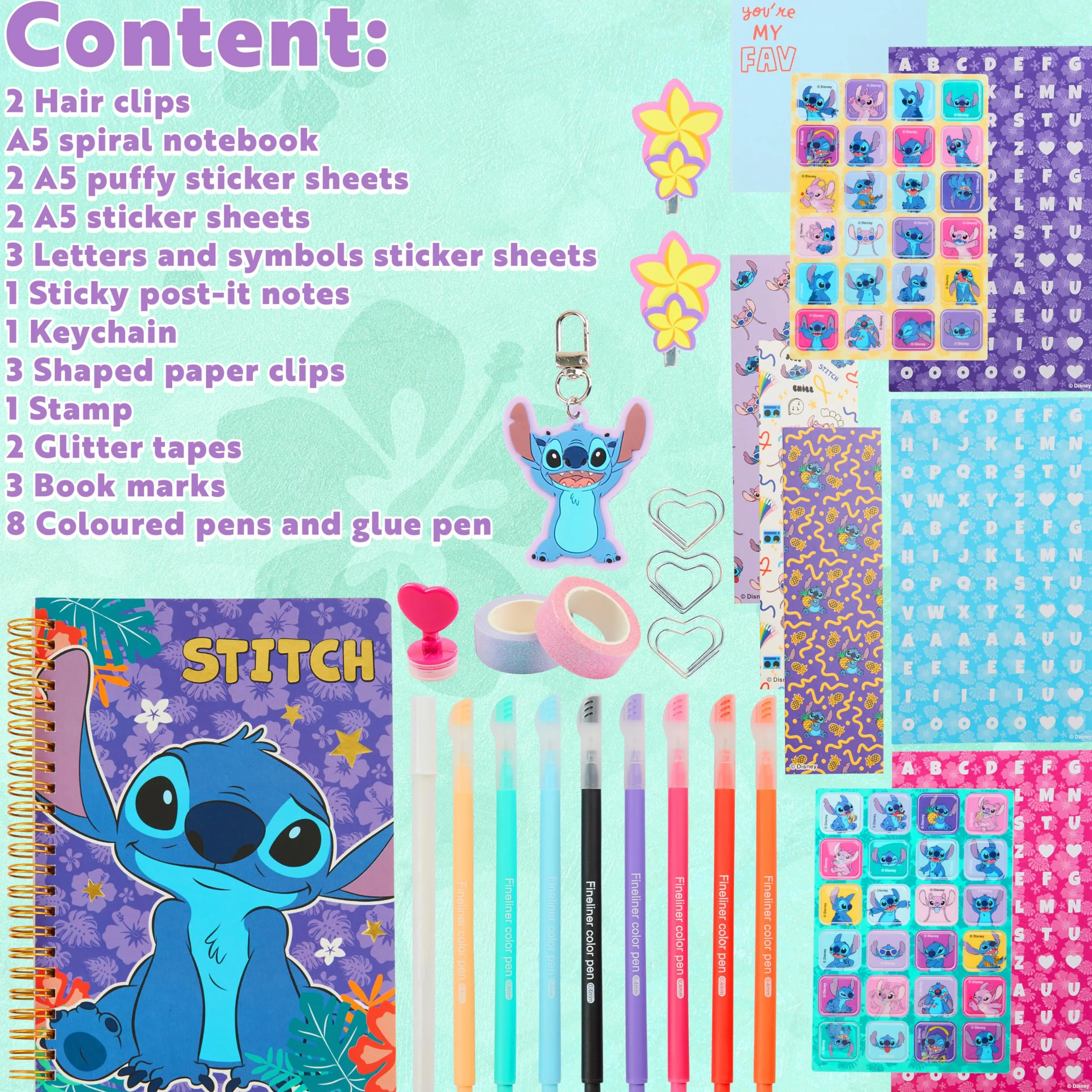 Disney Stitch DIY Kit Taccuino Bambini Adolescenti Quaderno Spirale A5 Disegno Stickers Note Adesive Portachiavi Penne Colorate, Idea Regalo