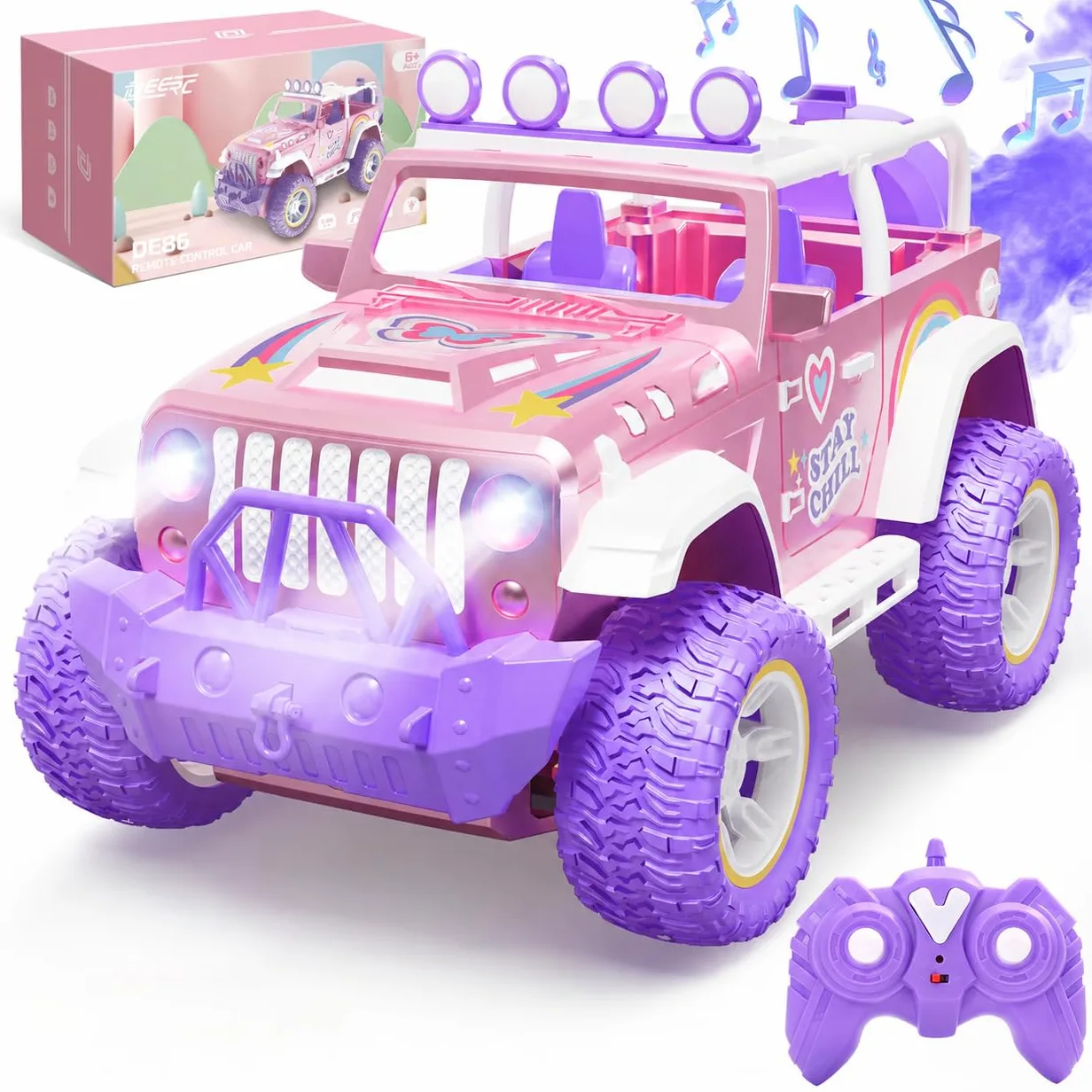 DEERC Rosa macchina telecomandata bambina con Nebbia Nebbia e Musica, 1:16 RC Auto con Luci a LED per Bambini, 2.4Ghz All Terrain SUV Camion Regali, Veicolo da Corsa Fuoristrada Giocattolo Auto, Gioca