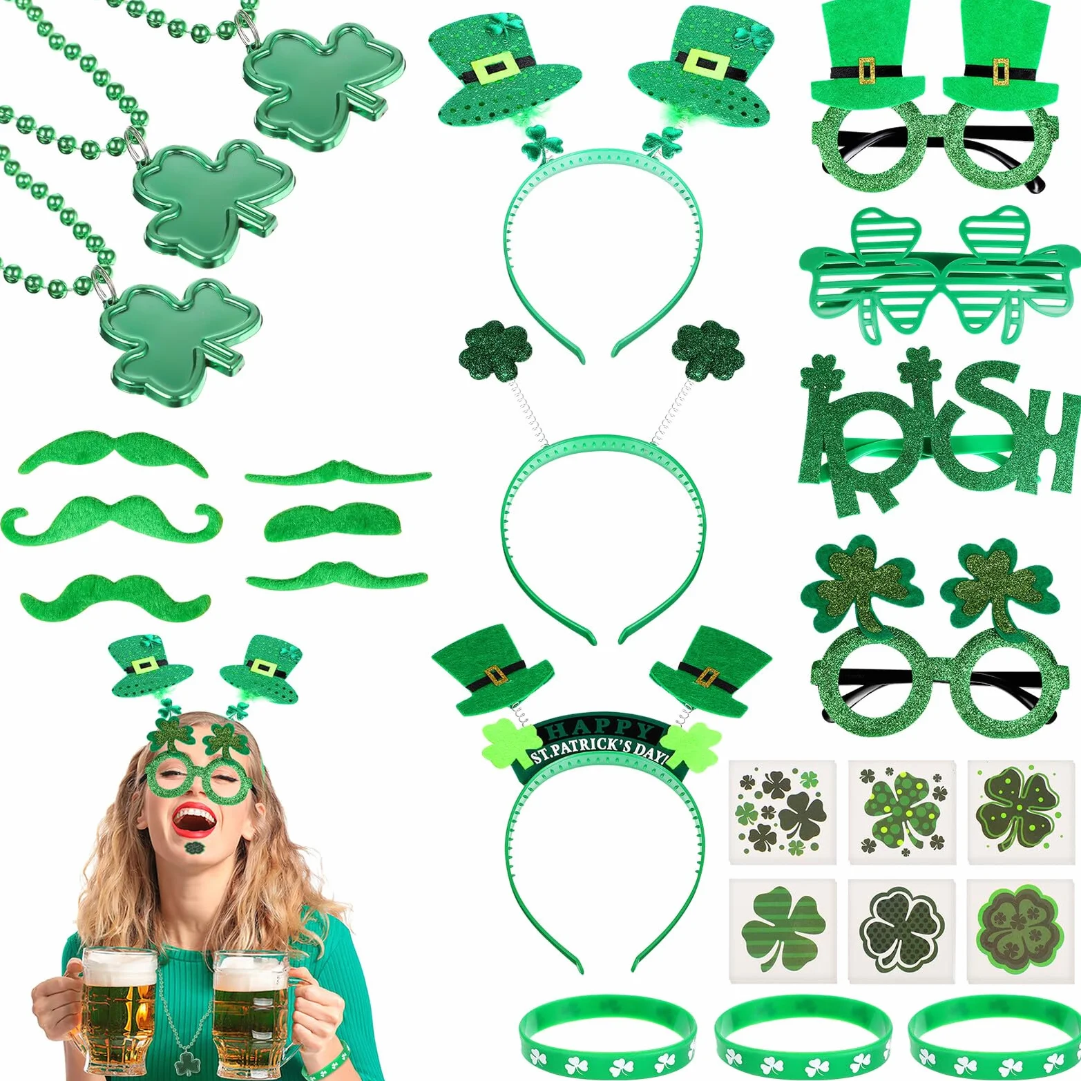 Set 91 Pezzi Oggetti di Scena per Feste di San Patrizio con Occhiali, Fasce per Chioma, Collane e Braccialetti Trifoglio, Adesivi Decorativi, Accessori per Travestimenti