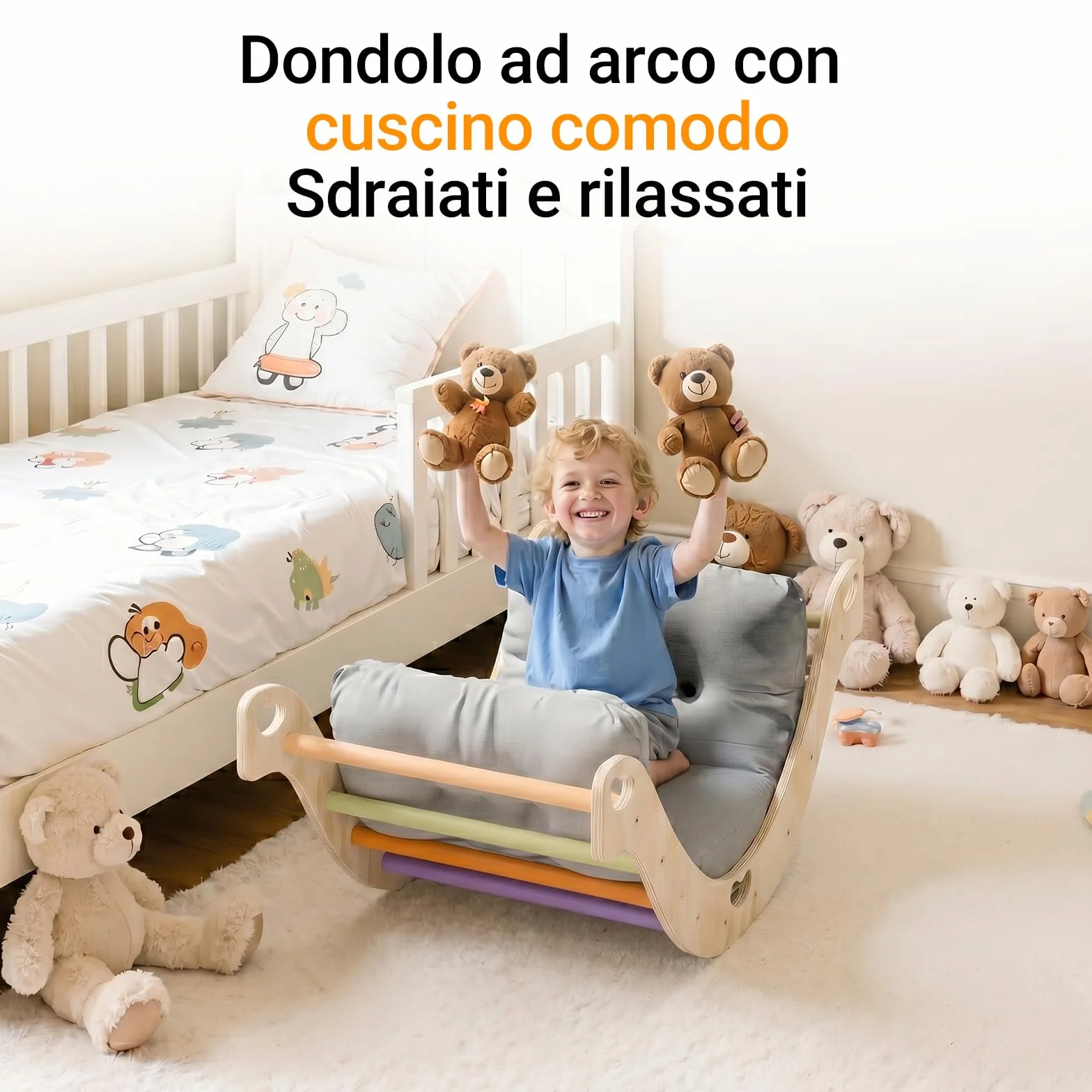 COSYLAND Arco Montessoriano per Bambini in Legno Naturale, Arco Montessori con Cuscino e 8 Maniglie, 4 in 1 Wippe, Scrivania, Giocattolo Educativo per Equilibrio e Motricità (Arcobaleno Classico)