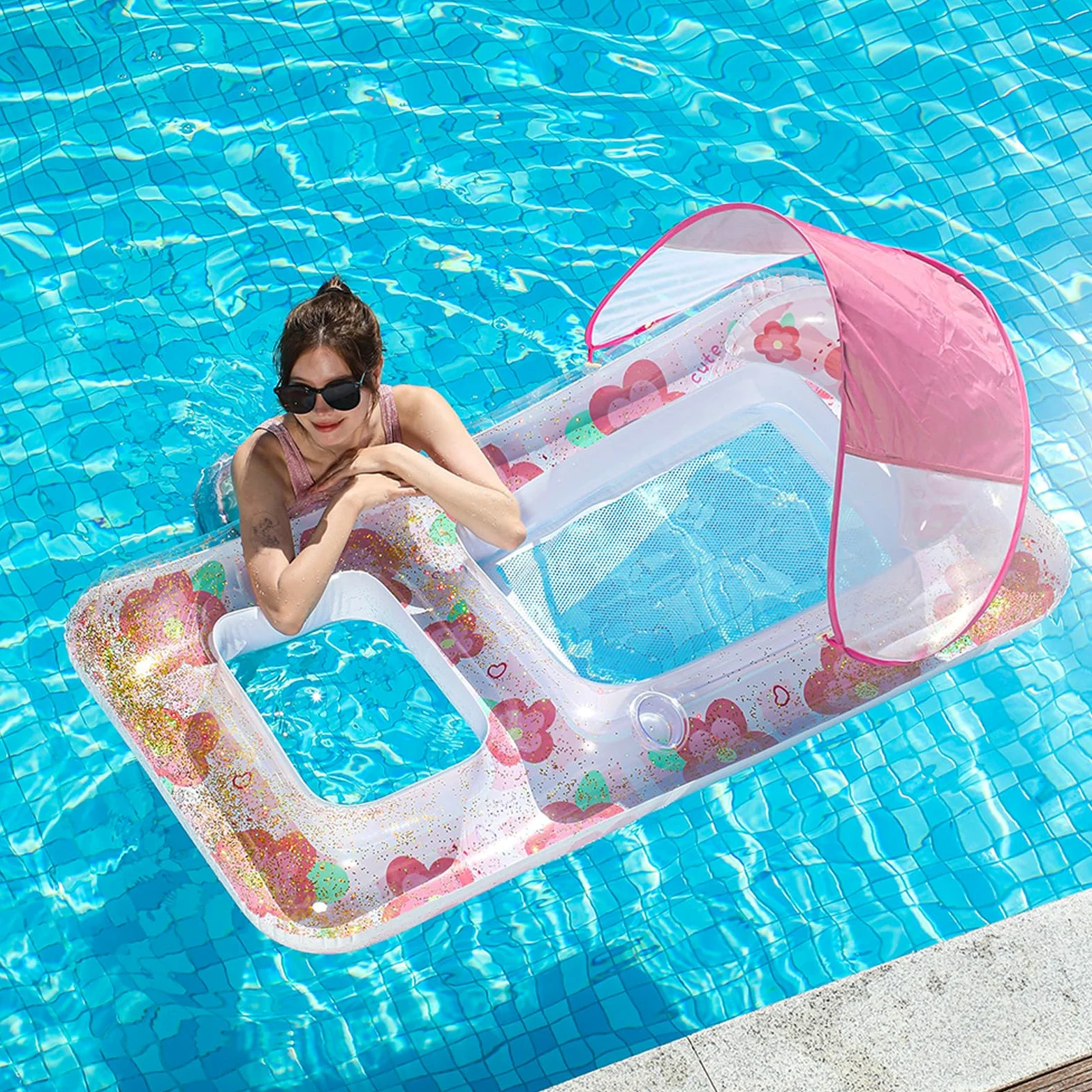 Materassino Mare in PVC Galleggiante Gonfiabile Piscina con Parasole Disponibile in Una varietà di Colori con Schienale e portabicchiere Accessori Piscina per Piscina e Spiaggia