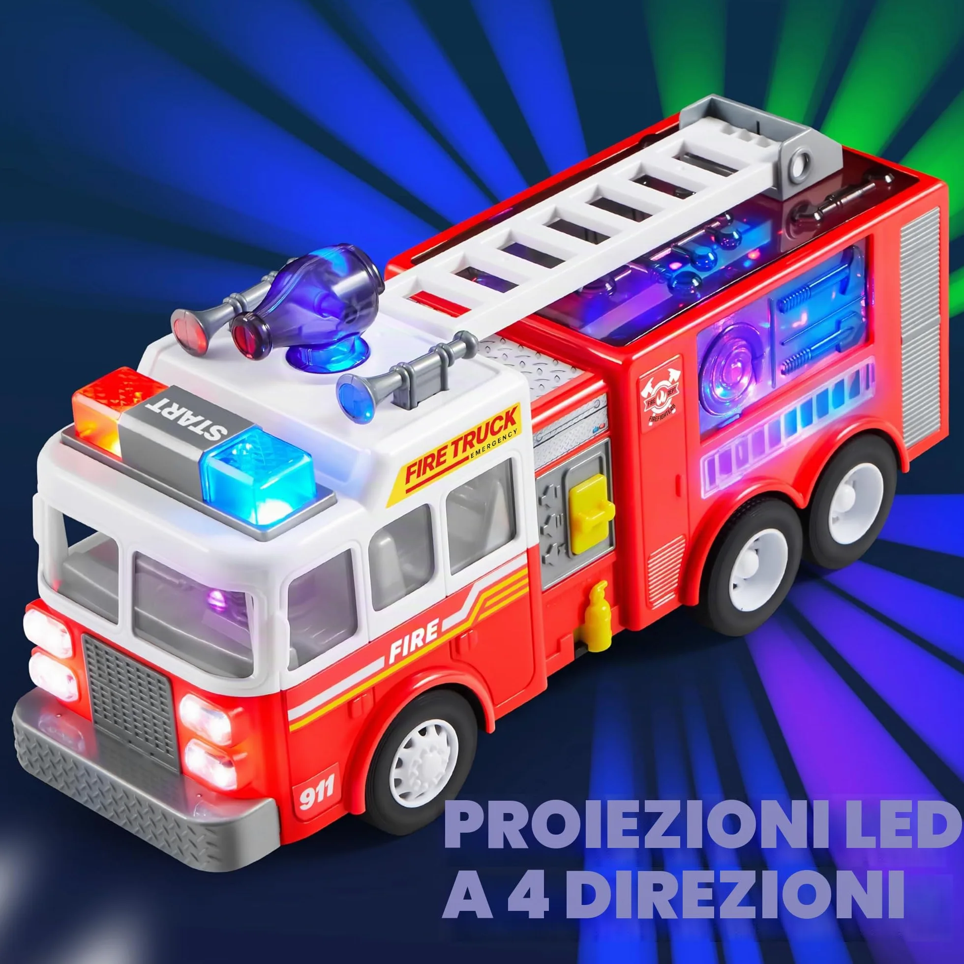 JOYIN Camion dei pompieri a LED, giocattolo per bambini, proiezioni a LED e sirene, camion dei pompieri con interruttore di modalità e controllo del volume, giocattolo per ragazzi e ragazze