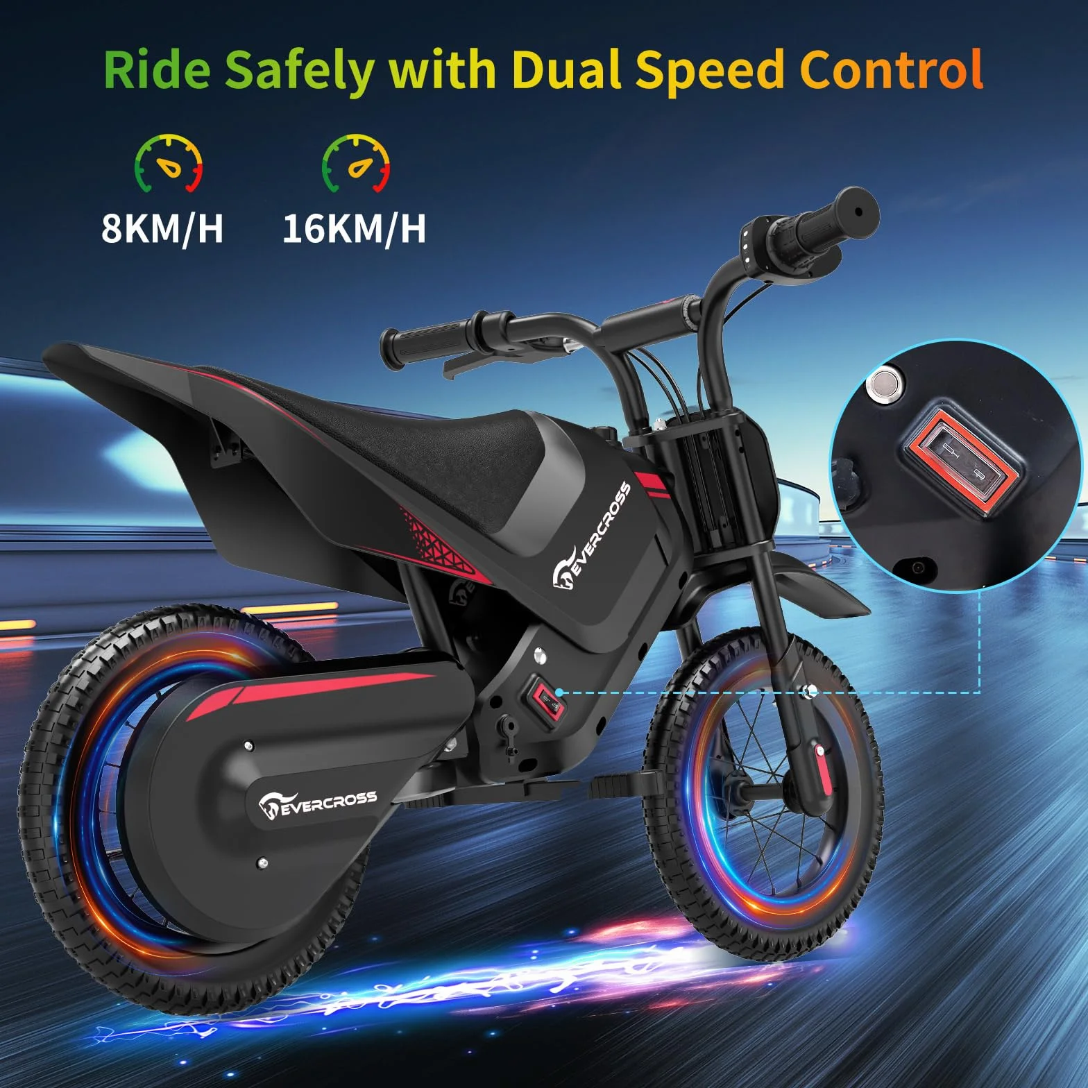 EVERCROSS EV05M Motocicletta Elettrica per Bambini, E-Moto da 150 W, Modalità Velocità 8/16 km/h e Motocicletta Elettrica a Lungo Raggio da 15 km, Moto Cross da 12'' per Bambini