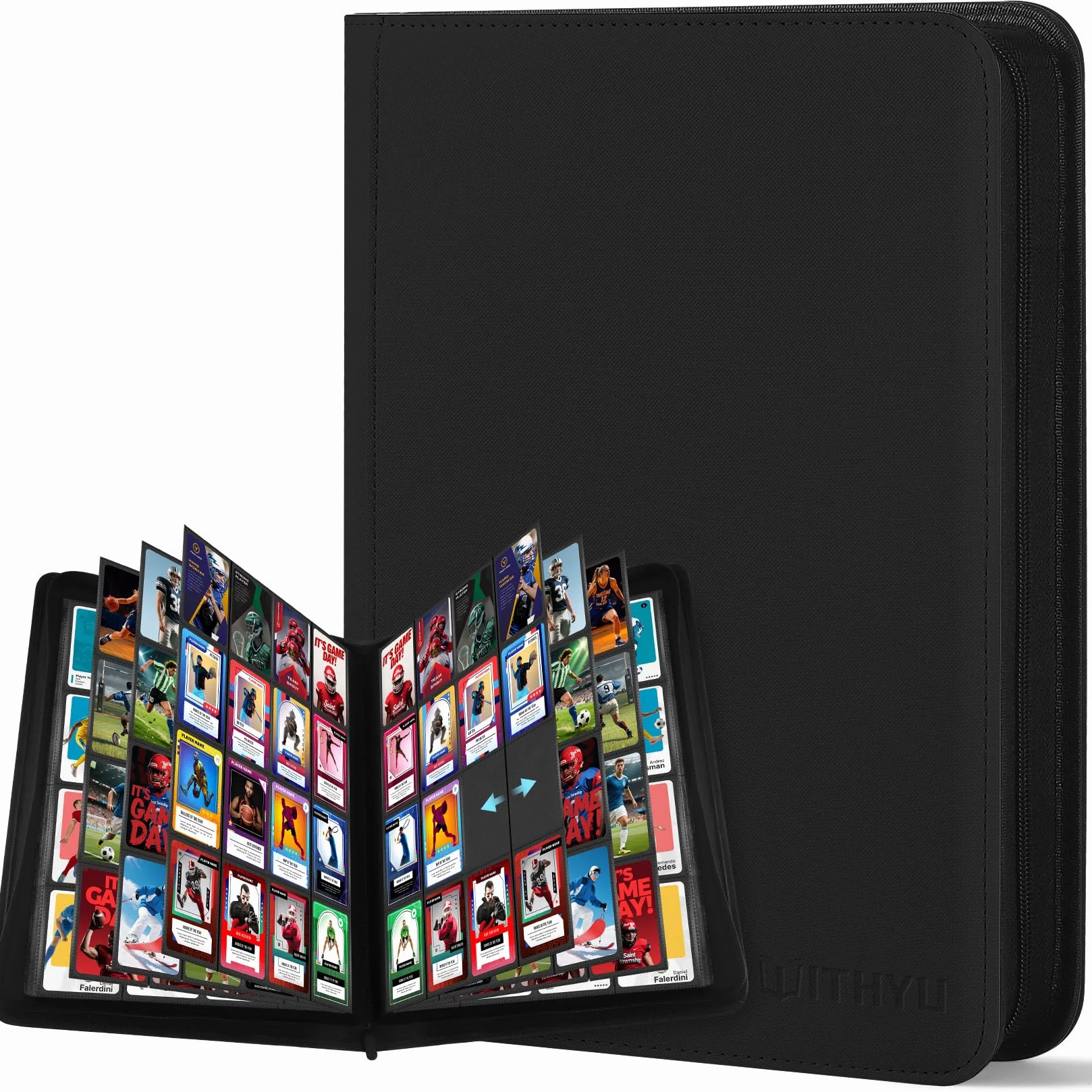 WITHYU Album da Collezione per Carte 16 Tasche, Capacità 1024 Carte - Portacarte Impermeabile Caricamento Laterale con Zip per TCG, Calcio & Collezioni, Portatile (Nero)