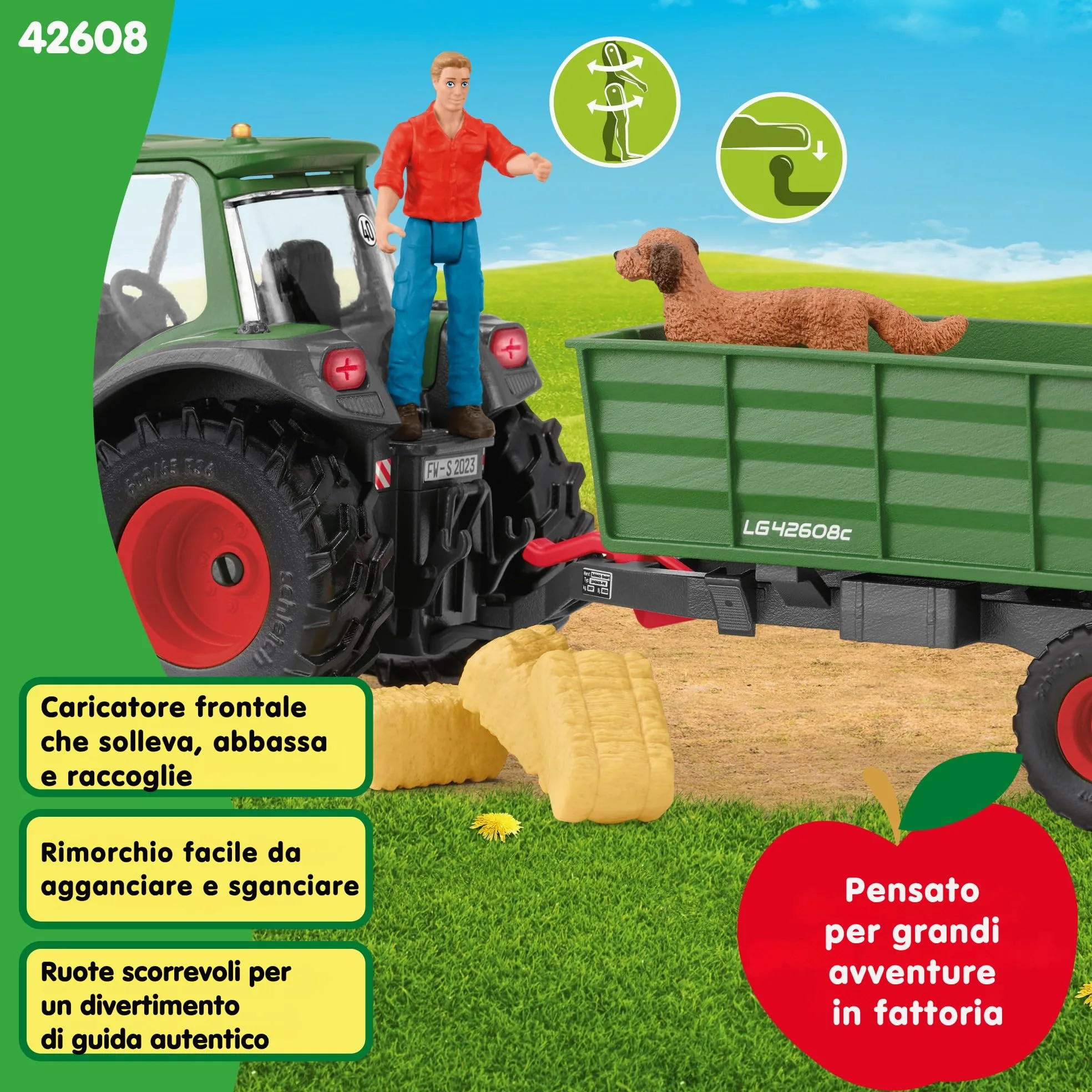 Schleich FARM WORLD | Trattore con rimorchio 42608 | 8 pezzi | Set da gioco dai 3 anni | set con personaggi, numerose funzioni e tanti accessori | figura animali della fattoria schleich