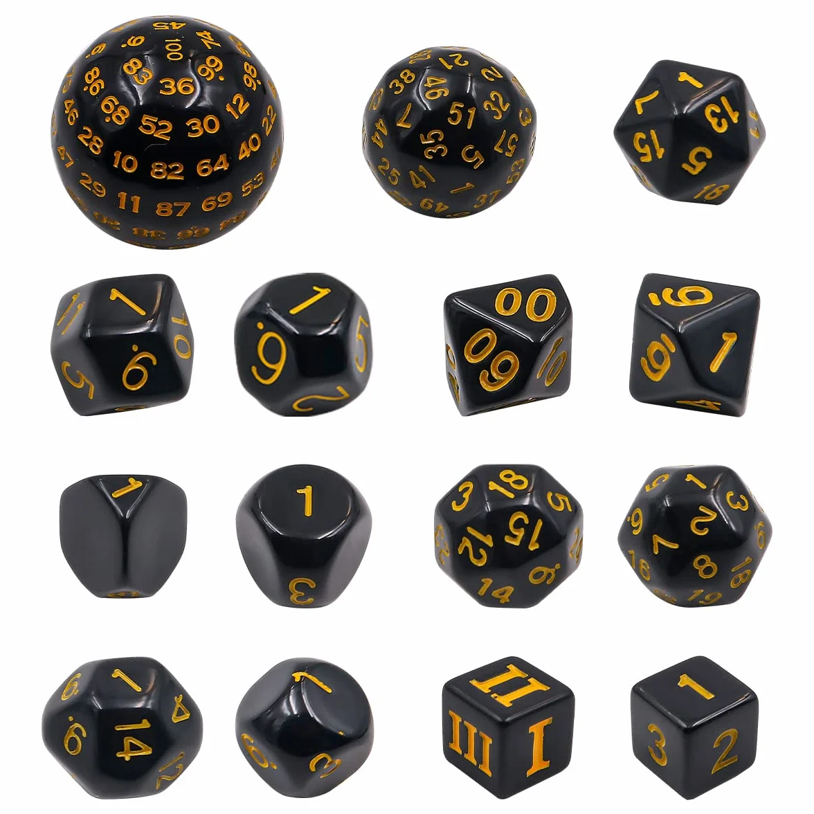 DollaTek Set completo di dadi poliedrici D3-D100, 15 pezzi, per giochi di ruolo, da tavolo, neri e gialli