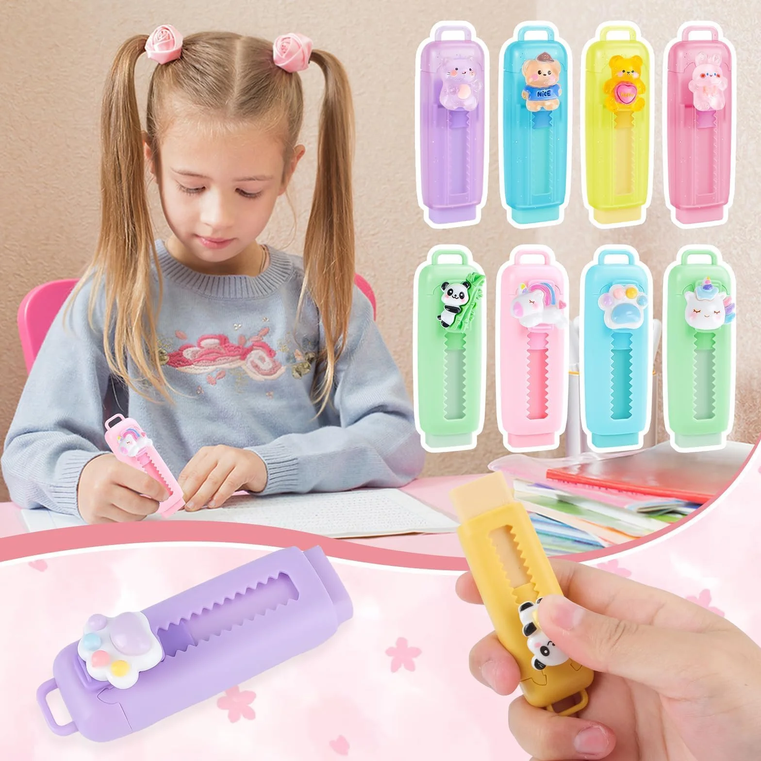 16 Gomme da Cancellare Retrattili per Bambini, Gadget Compleanno Bambini, Motivi 3D Unicorno Panda Orsetto, Gomma da Cancellare, Regalini Fine Festa Scuola 6-10 Anni