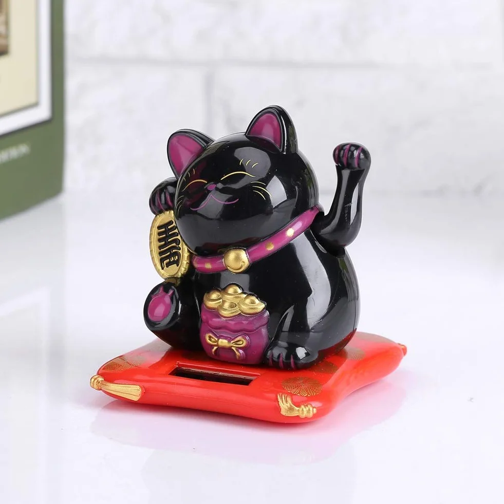 Maneki Neko Fortune Cat Solare Gatto Braccio Ondeaggiante Home Decor Black