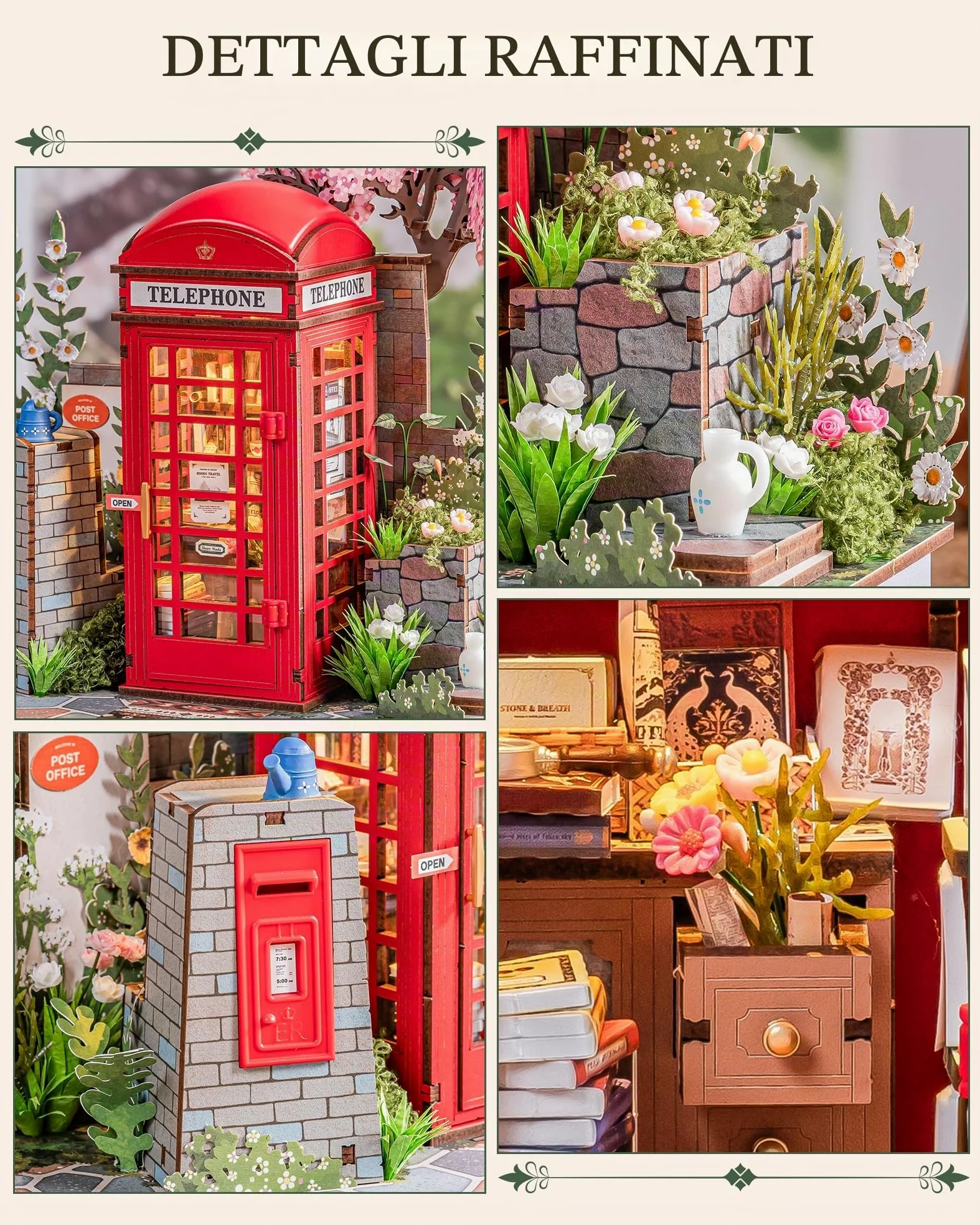 Rolife Puzzle 3D in Legno Cabina Telefonica Rossa di Londra Blossom Chiosco di Libri Modellino Fai da Te per Adulti con Luci LED Decorazione per la Casa Idea Regalo Creativa per Viaggiatori