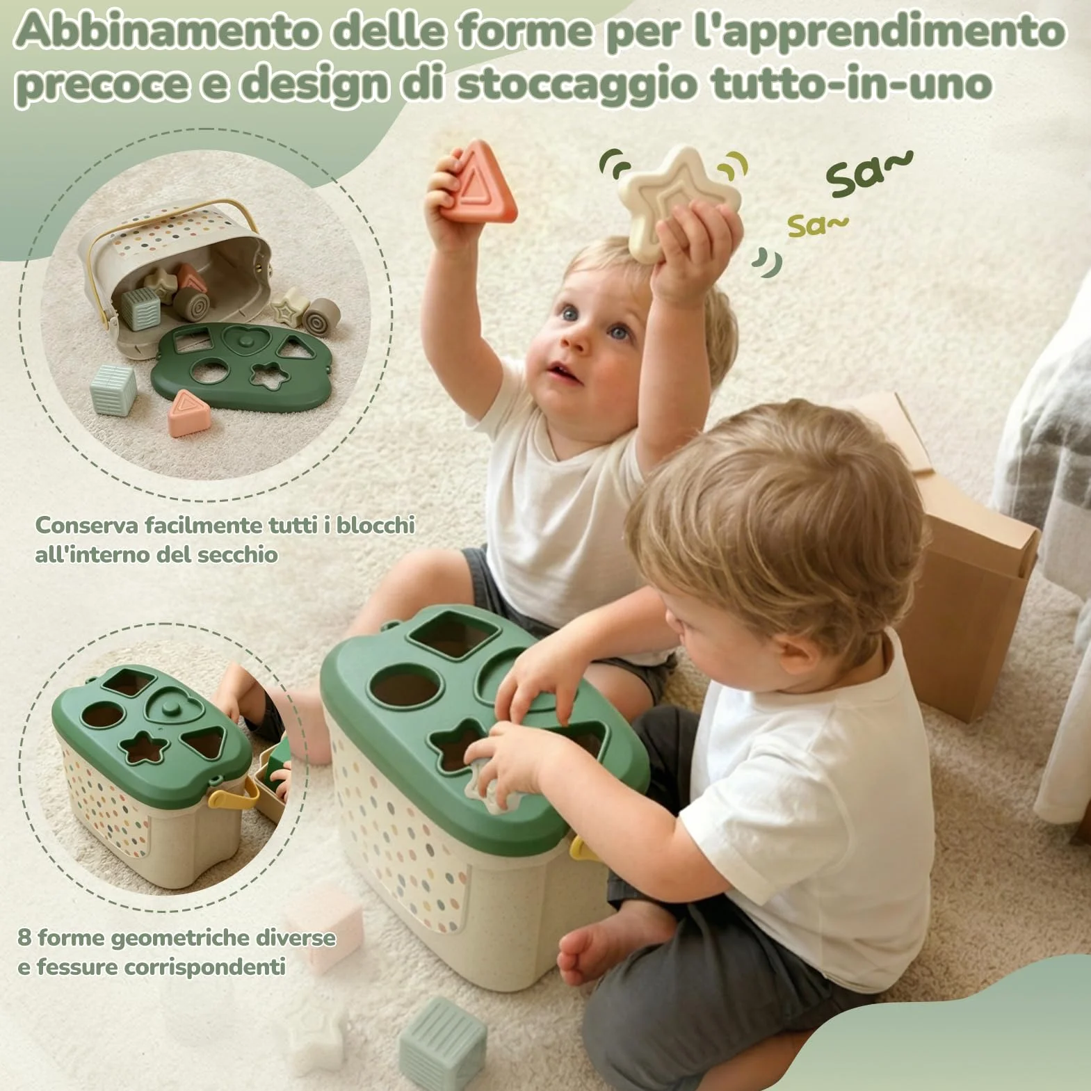 Giochi Montessori 6 Mesi 5 in 1 con Scatola Fazzoletti, Impilabili, Classificazione, Tirare Corda Regalo Bambino 8-12 Mesi