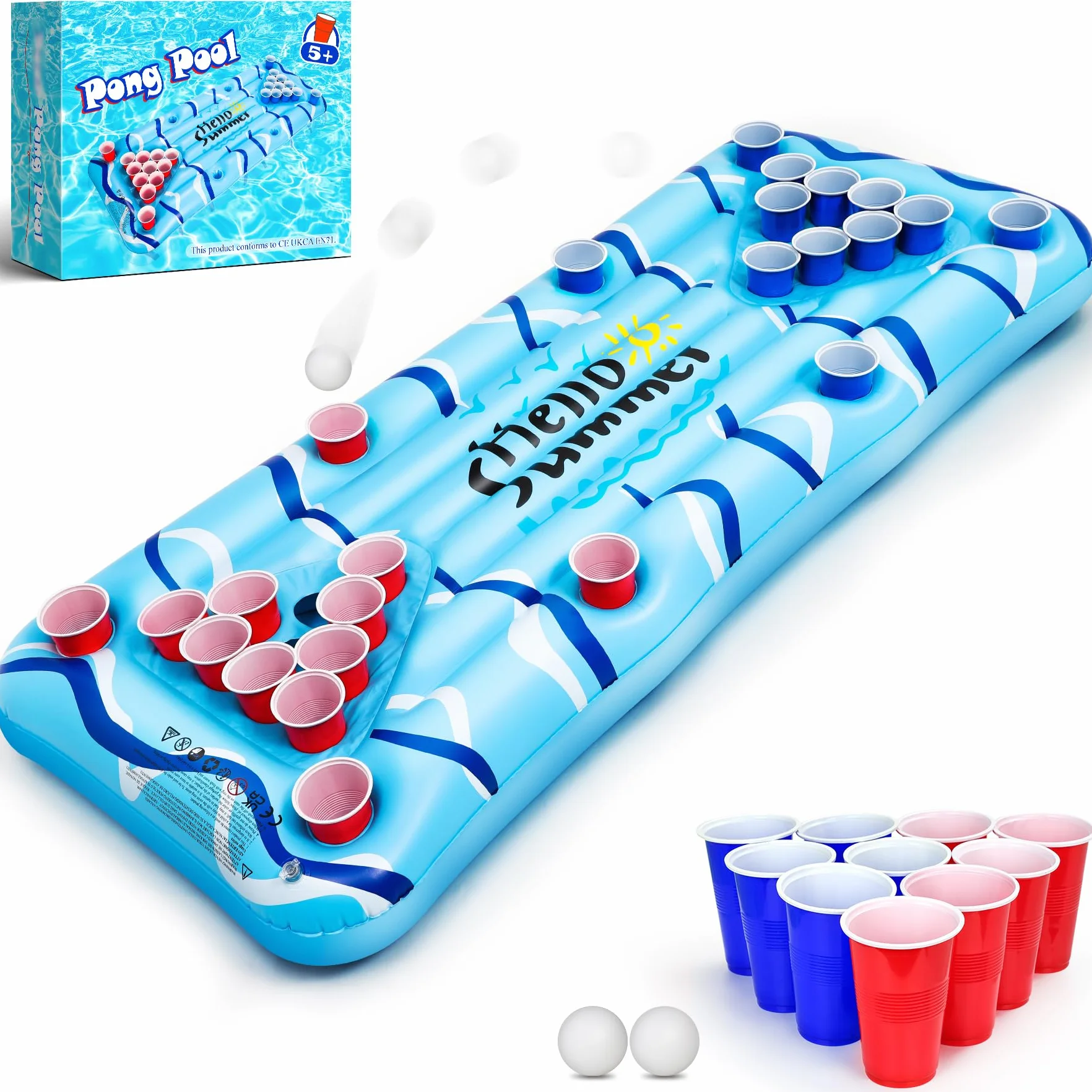 Pong Galleggiante 175x75cm - Gonfiabile Piscina con 24 Portabicchieri, Materassino Gonfiabile Mare per Adulti, Giochi Piscina Adulti con 24 Bicchieri e 2 Palline, Ideale per Relax Estivo