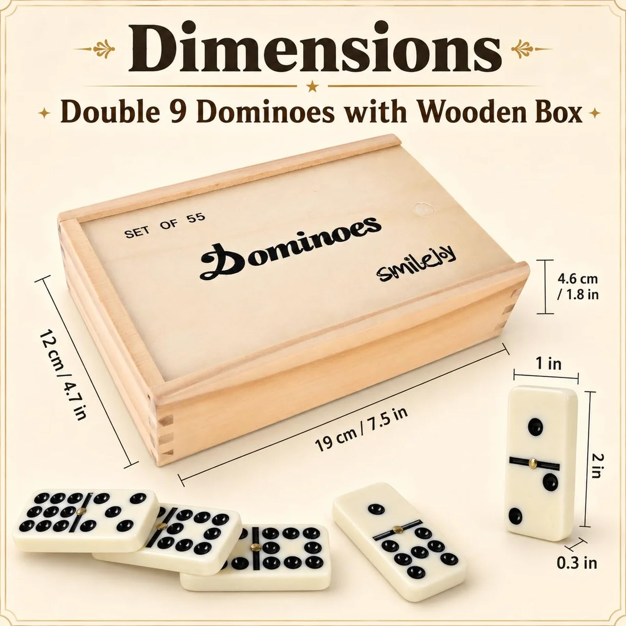 Smilejoy Set domino per adulti, doppio nove Domino Set per giochi da tavolo classici, Domino Double 9 per giochi di famiglia con custodia in legno naturale con spinner 55 pezzi