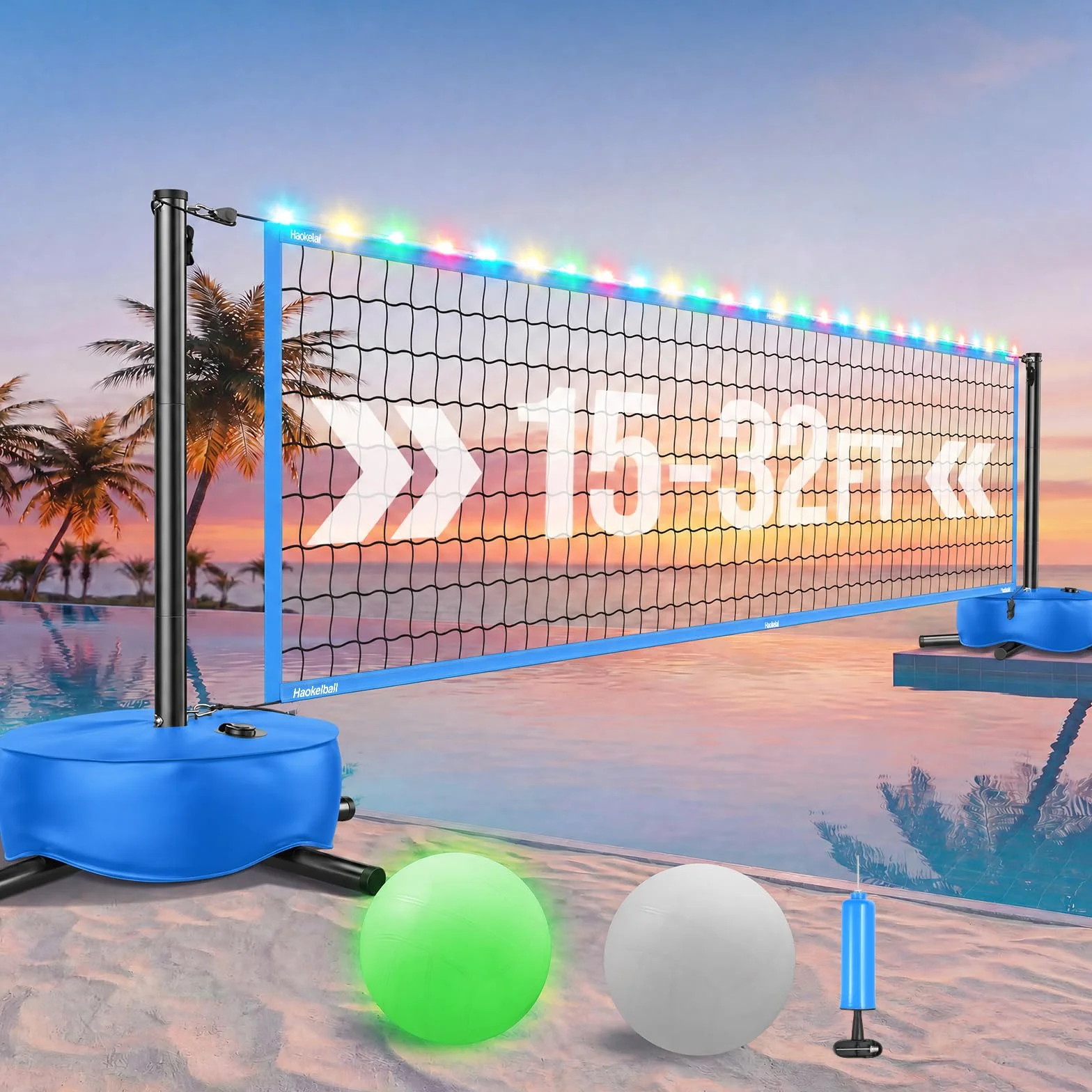Haokelball Rete da pallavolo da piscina con luce, set da pallavolo da 4,5 a 9,5 m, lunghezza regolabile, rete da pallavolo per piscina con base ponderata, 2 palline da pallavolo Glow e pompa per