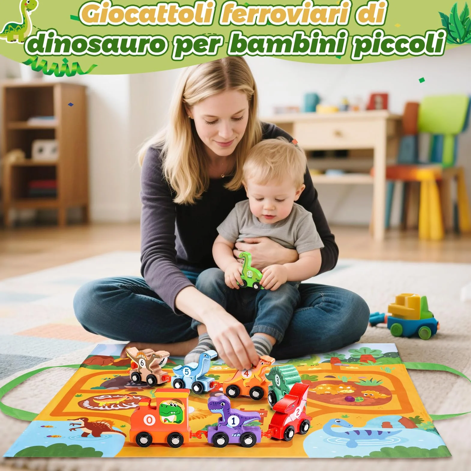 Anginne Giochi Bambini 1 2 3 Anni, Trenino di Legno Dinosauri, con Tappetino per Riporre i Giochi, Regalo Bambino 1 Anno Maschio Gioco Bambino 1-4 Anni - Giocattoli Dinosauri per Bambini