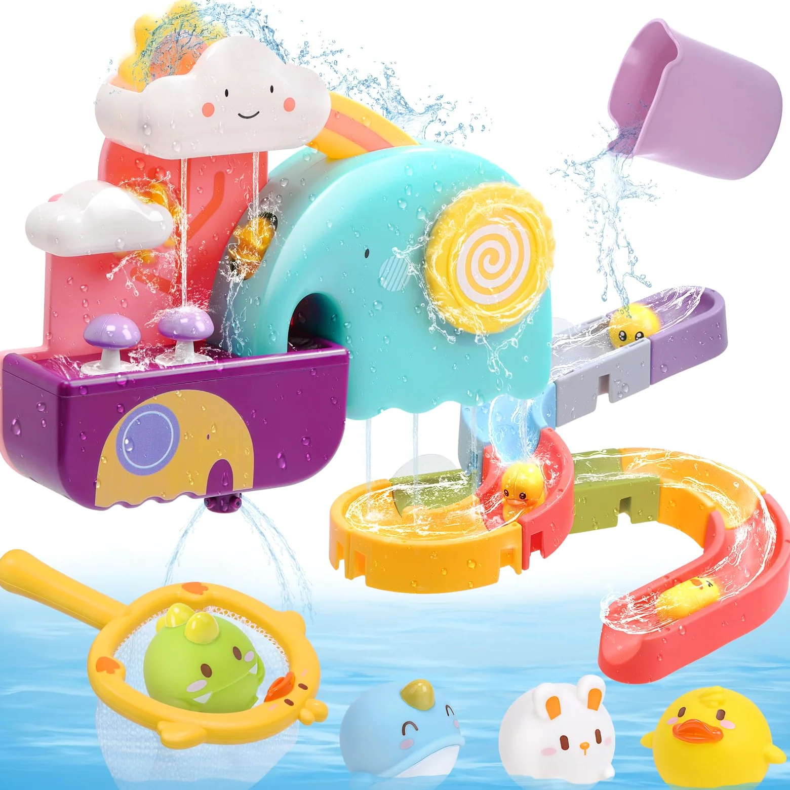 CUTE STONE Giocattolo da bagno per bambini, giocattolo da bagno con pista di costruzione scivolo acquatico, giocattoli galleggianti senza fori, gioco di rete da pesca anatra, regali per ragazzi e