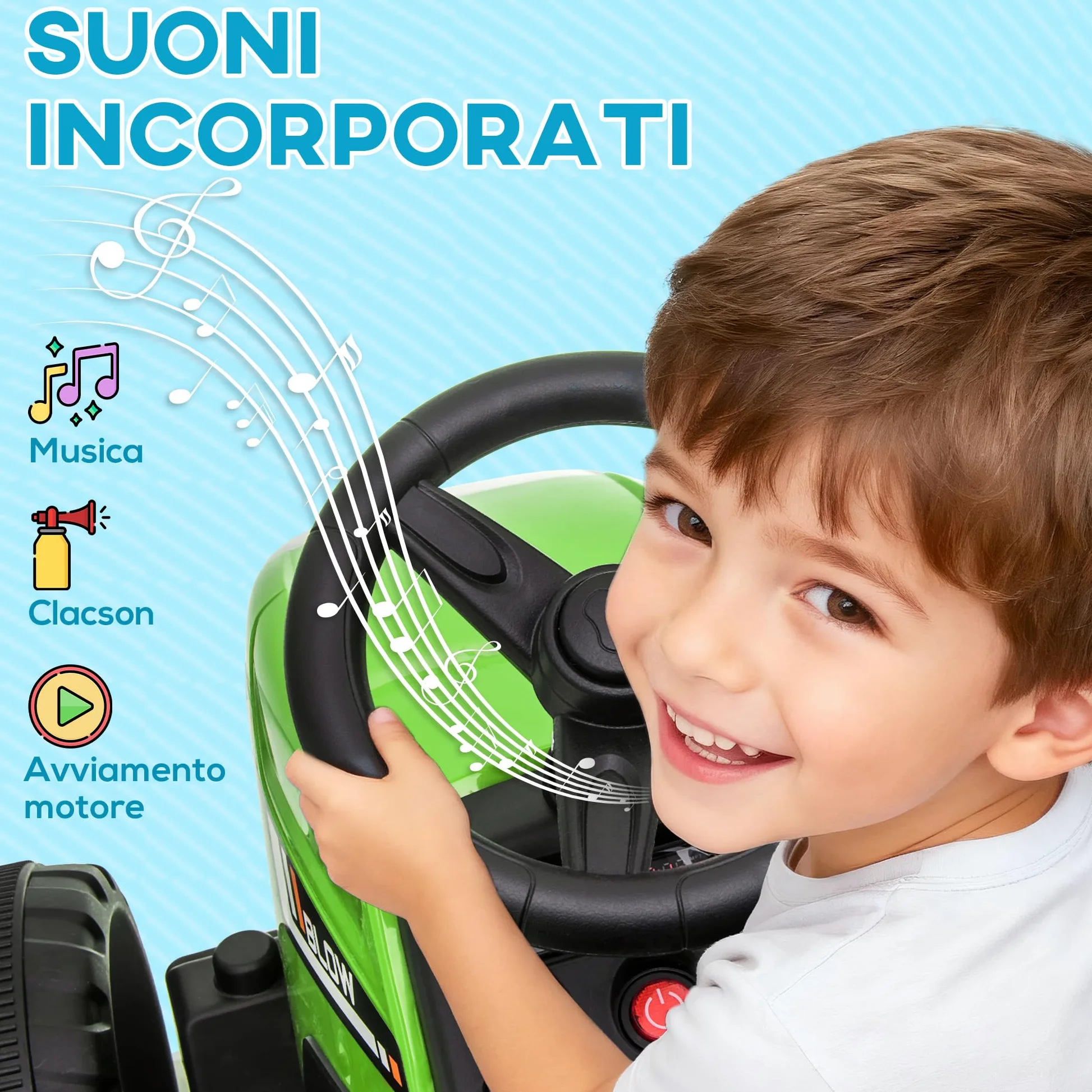 HOMCOM Trattore Elettrico per Bambini Rimorchio Rimovibile 3-6 Anni Verde | Batteria 12V Ricaricabile con Telecomando, Porta USB, Musica Preinstallata e Luci