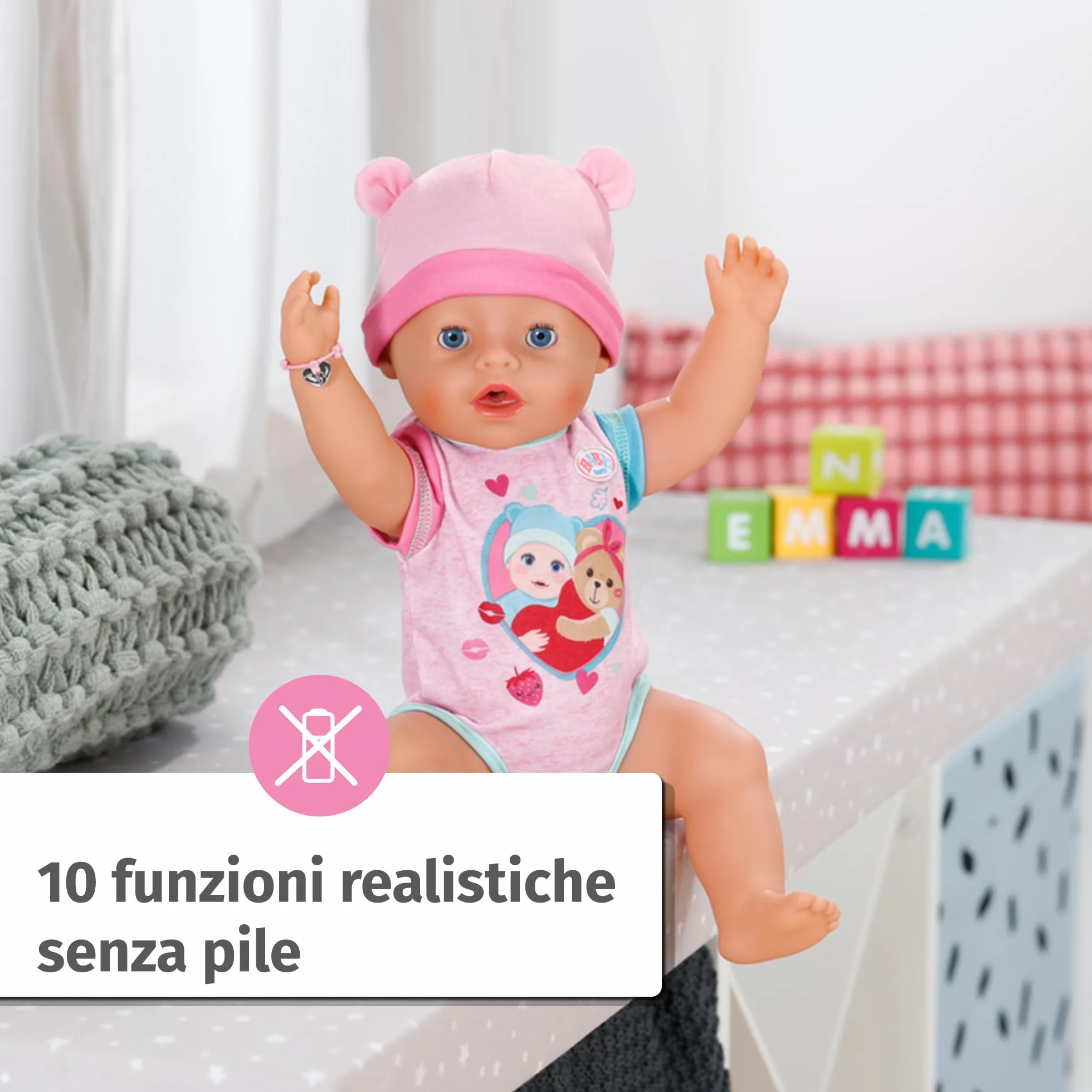BABY born Emma - Bambola alta 43 cm - 10 funzioni con accessori e tutina - Funziona completamente senza batterie - Adatto per bambini a partire dai 3 anni di età