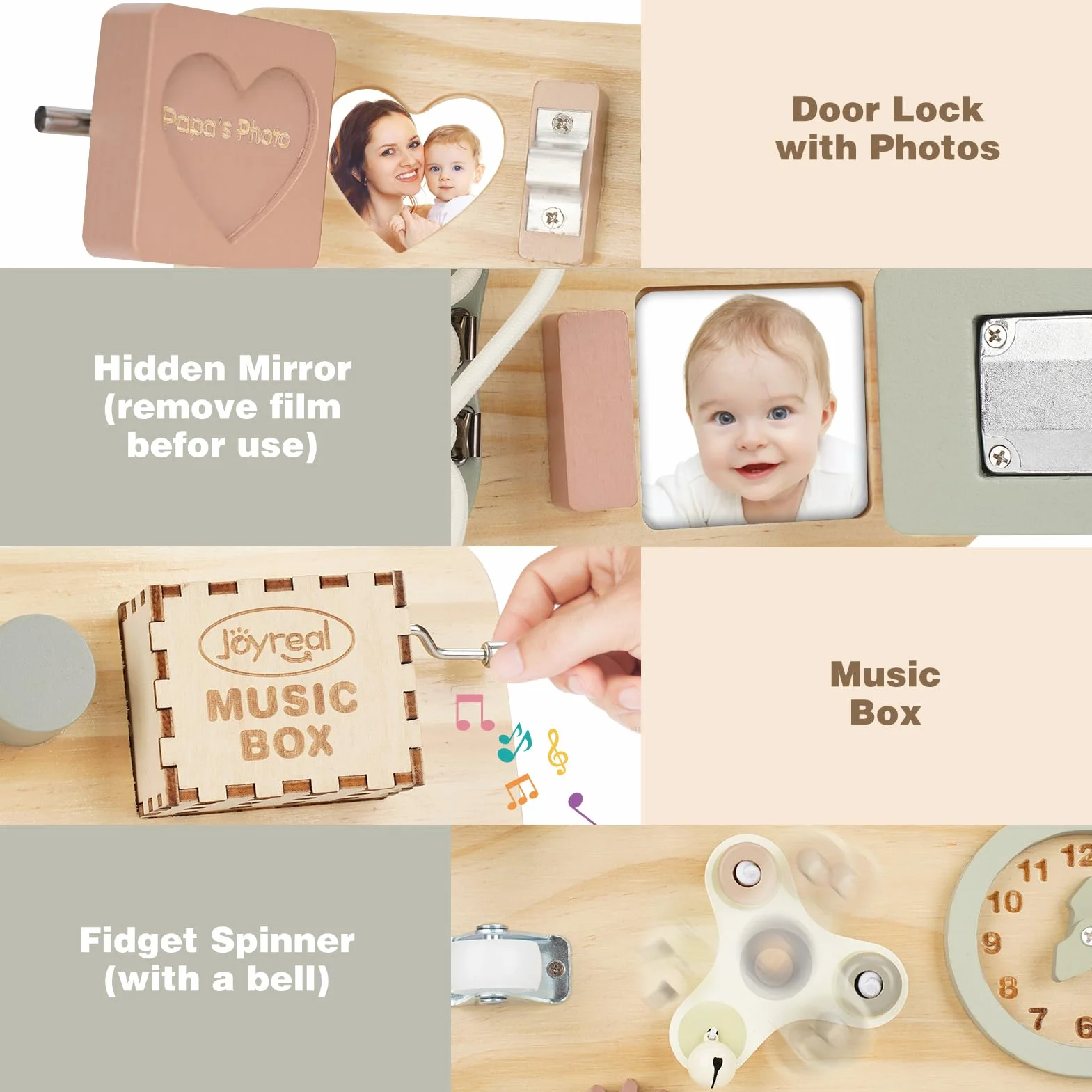 Joyreal Grande Busy Board - Pannello Sensoriale Bambini Montessori Legno Tavola Sensoriale Giochi Montessori con Carillon Specchio Neonati Giochi Educativi Regalo