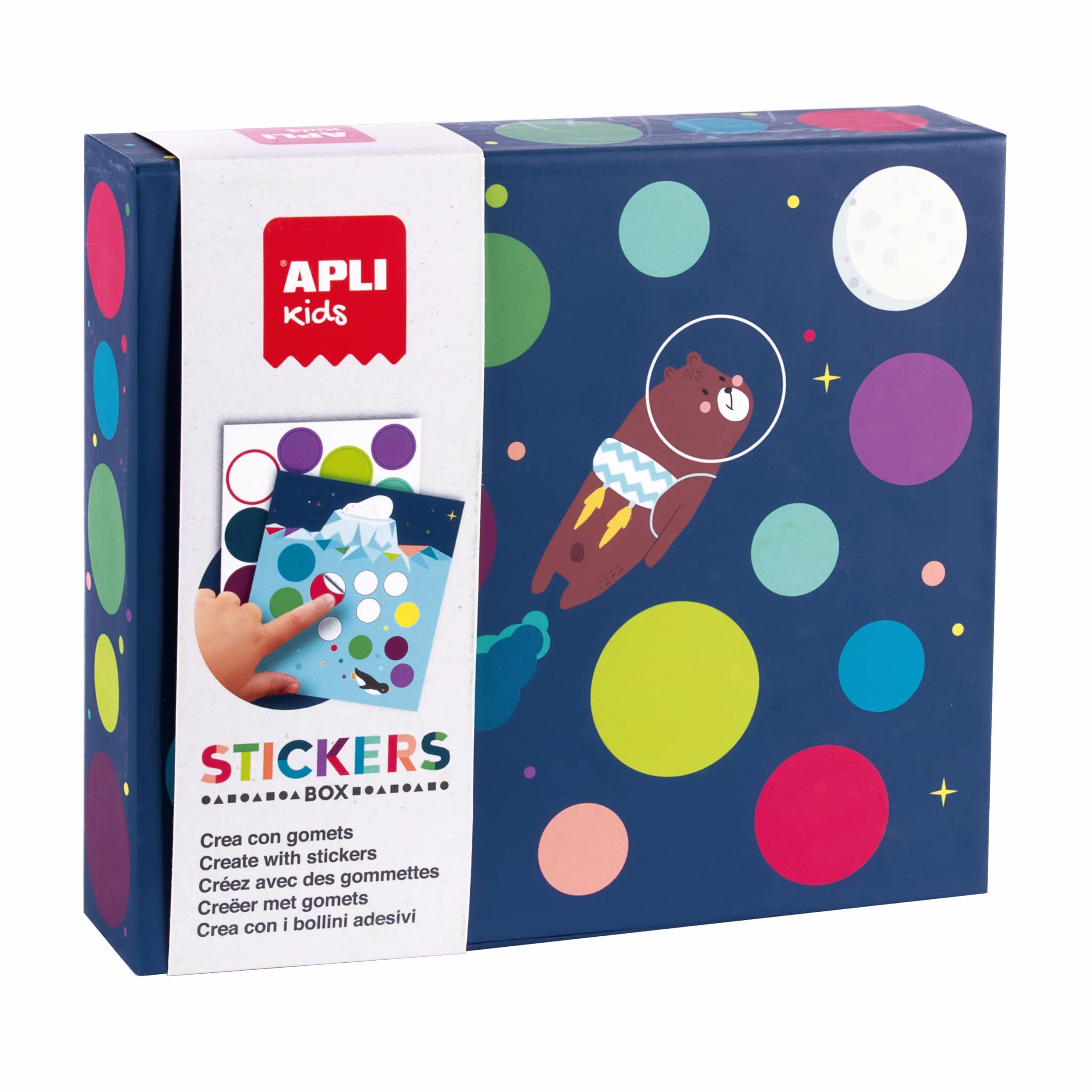 APLI Kids - Fly on The Moon 19140-Set di gommette di diverse forme in scatola di cartone modello Set di adesivi per completare le illustrazioni, 19140, 190 x 40 x 170 mm
