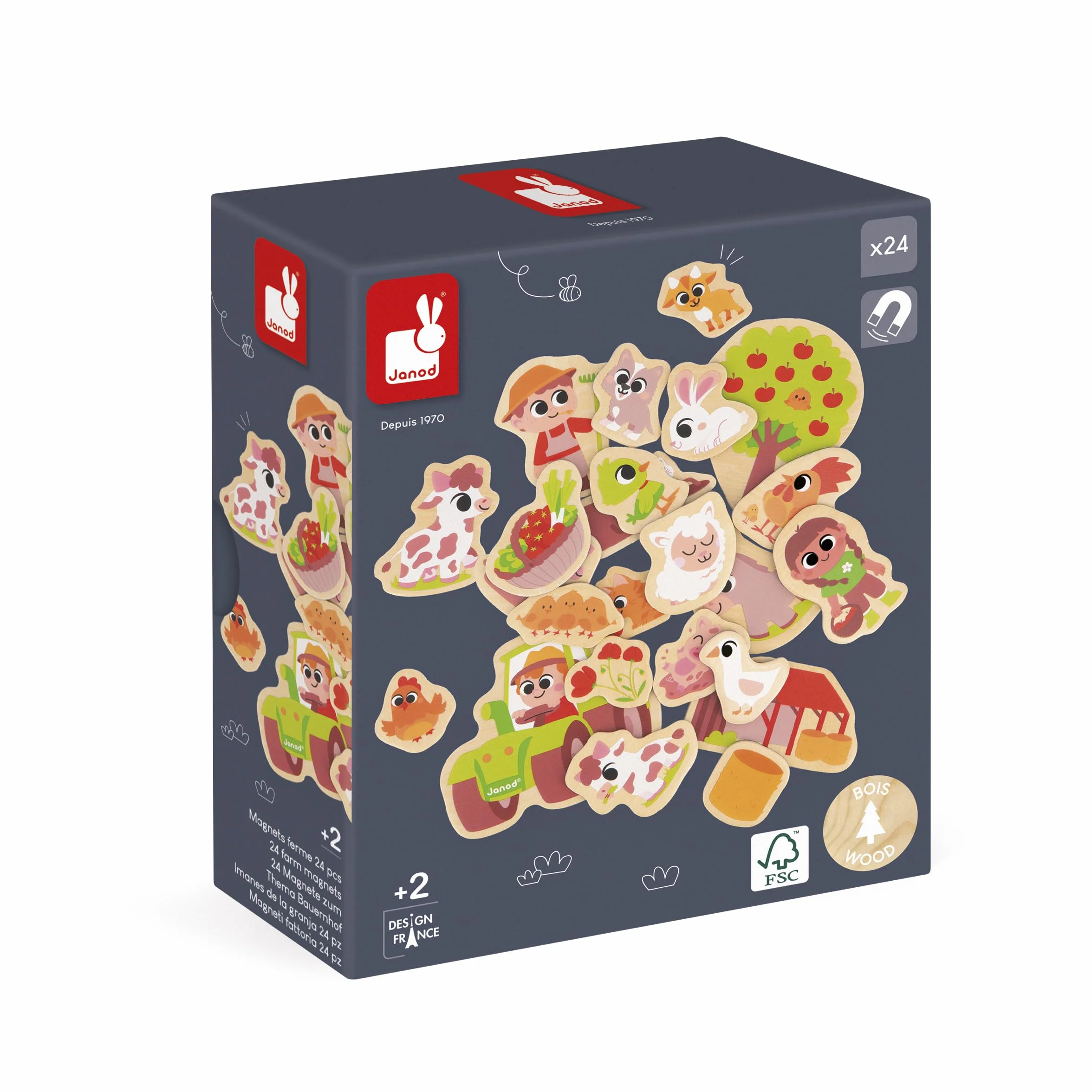 Janod - 24 Magneti in legno - Tema fattoria - Animali della fattoria - Giocattolo in legno - Ideale per lavagna o frigorifero - Gioco educativo magnetico, per manipolare e divertirsi - Da 2 anni