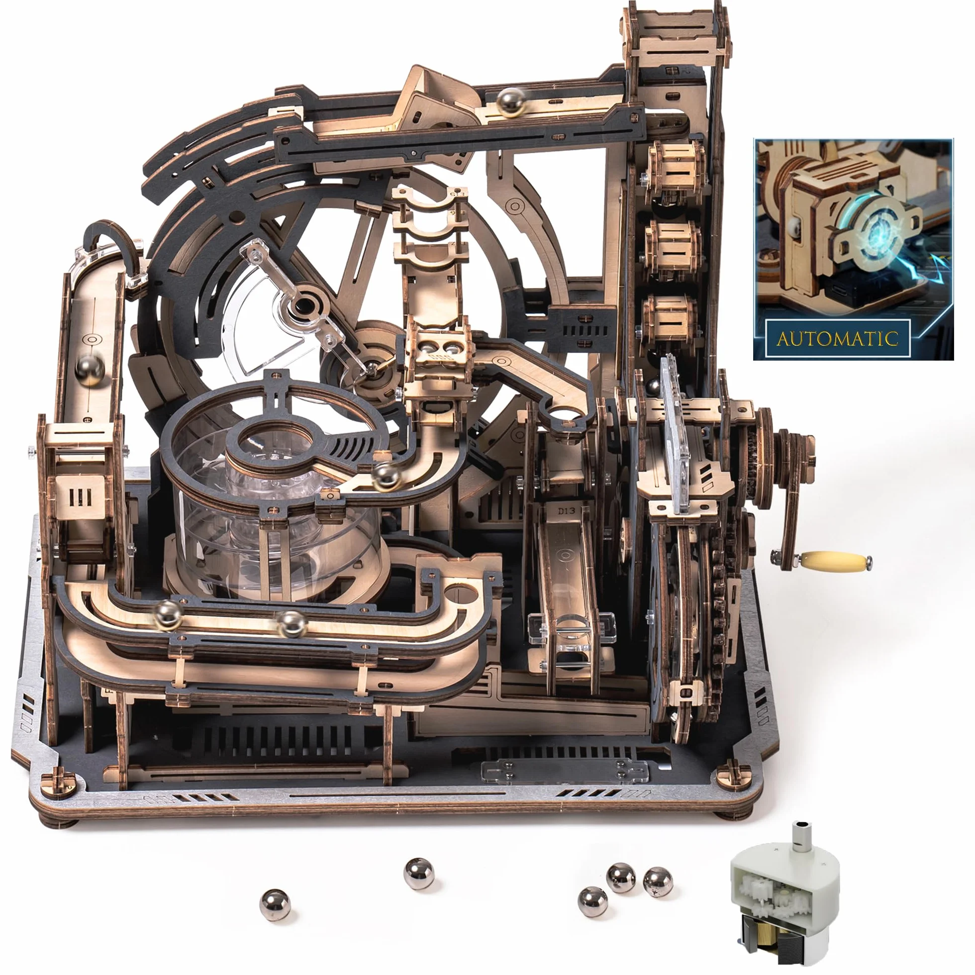 ROKR Piste da corsa Puzzle 3D Legno Modellini da Costruire in Legno, Kit Modello Meccanico a Motore con sfere, Modalità Automatiche e Manuali, Marble Spaceport, LGC01